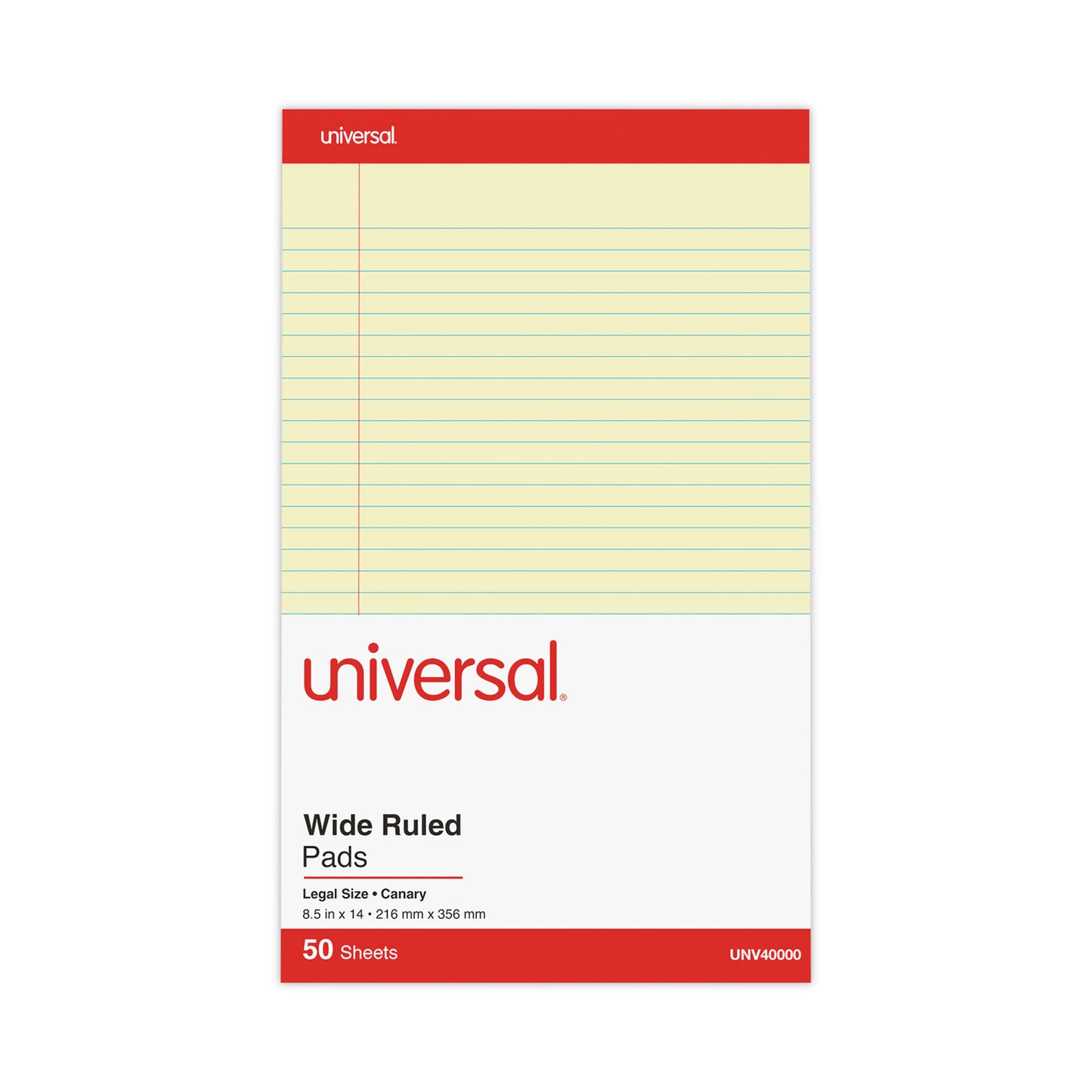 Universal Perforated Ruled Writing Pads, Wide/Legal Rule, Red Headband, 50 Canary-Yellow 8.5 x 14 Sheets, Dozen (40000)