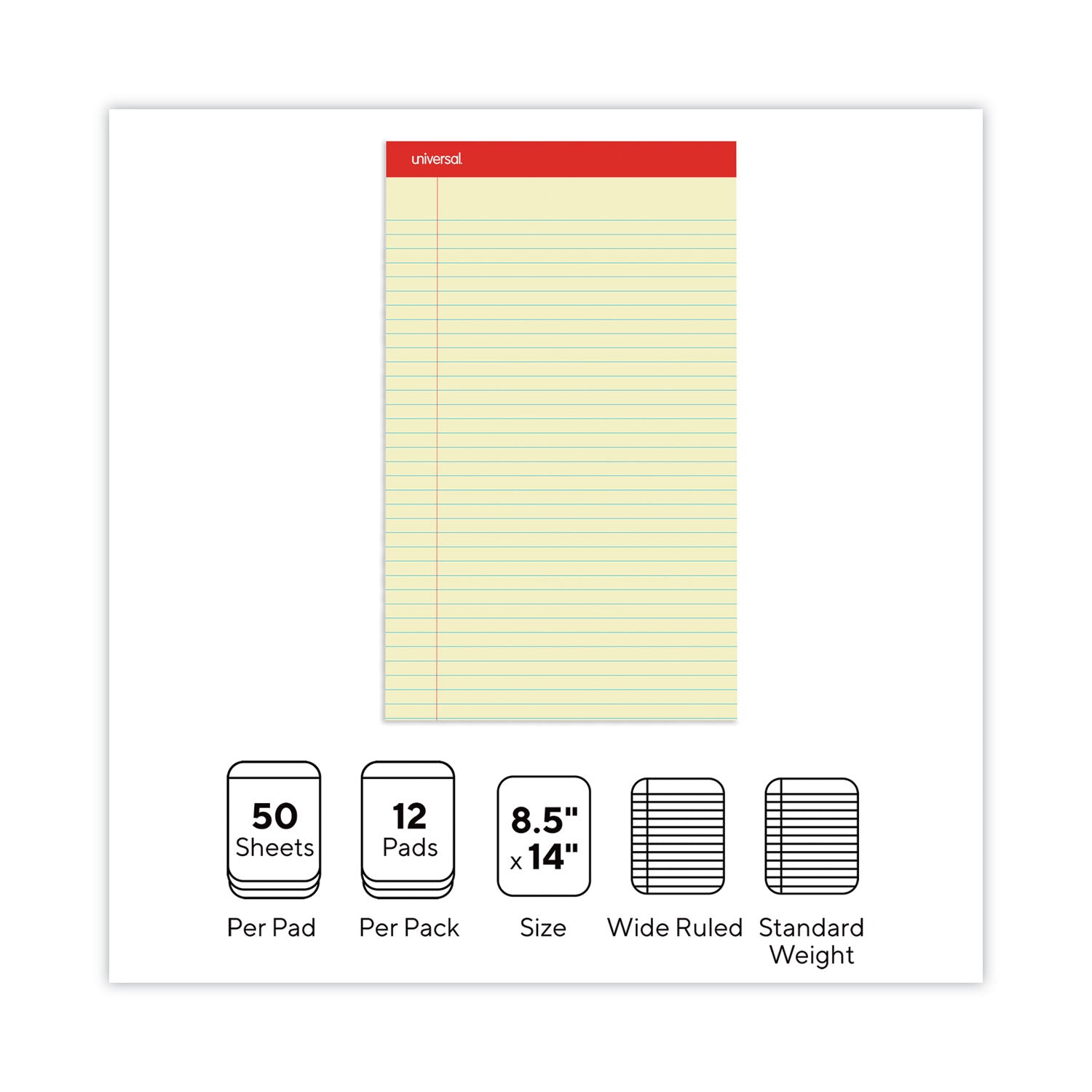 Universal Perforated Ruled Writing Pads, Wide/Legal Rule, Red Headband, 50 Canary-Yellow 8.5 x 14 Sheets, Dozen (40000)