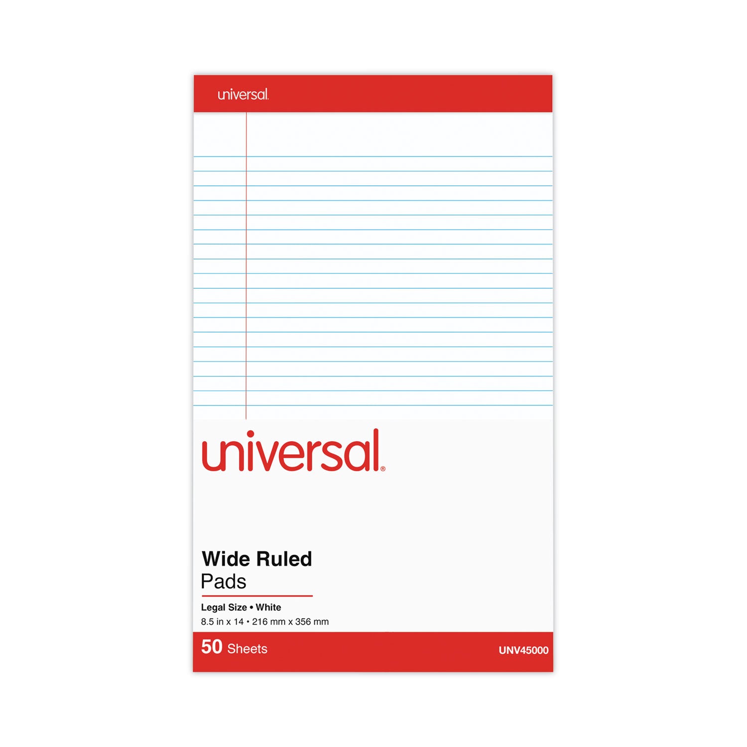 Universal Perforated Ruled Writing Pads, Wide/Legal Rule, Red Headband, 50 White 8.5 x 14 Sheets, Dozen (45000)