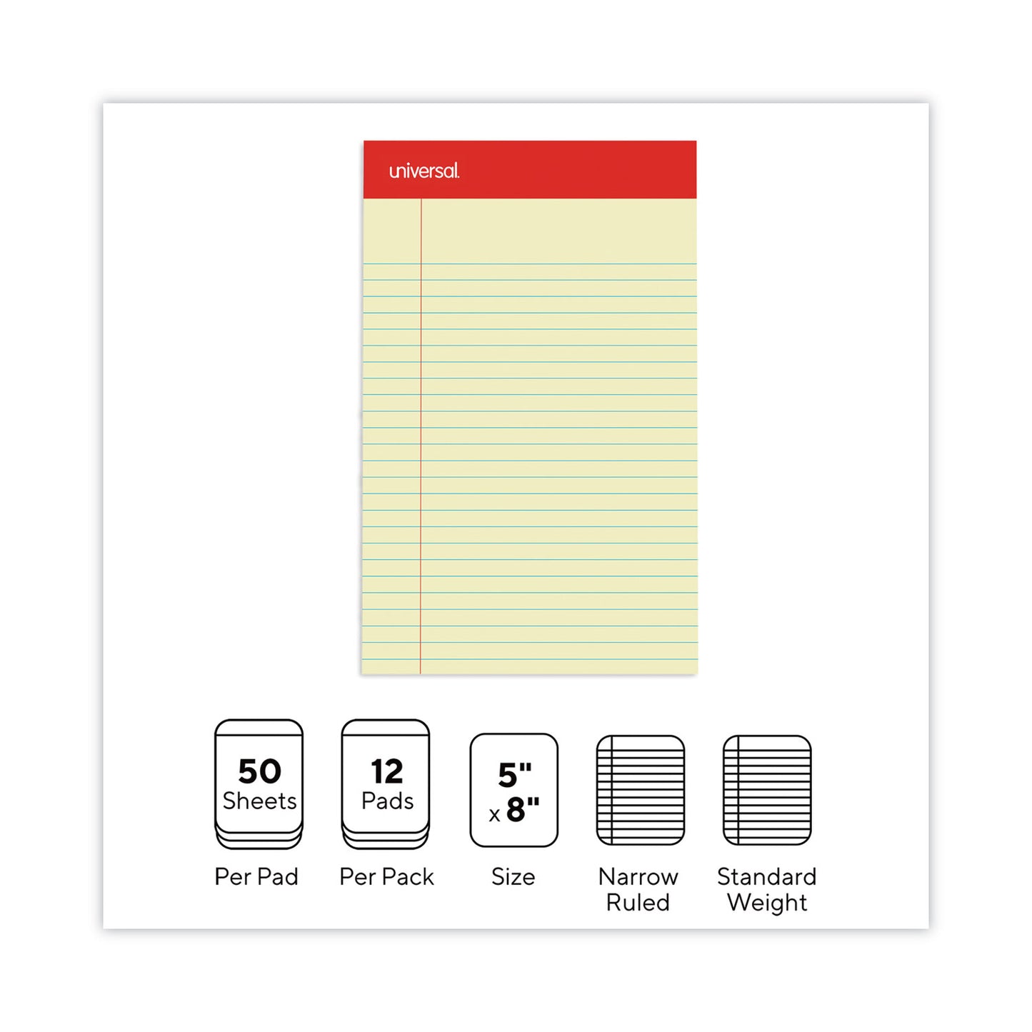 Universal Perforated Ruled Writing Pads, Narrow Rule, Red Headband, 50 Canary-Yellow 5 x 8 Sheets, Dozen (46200)