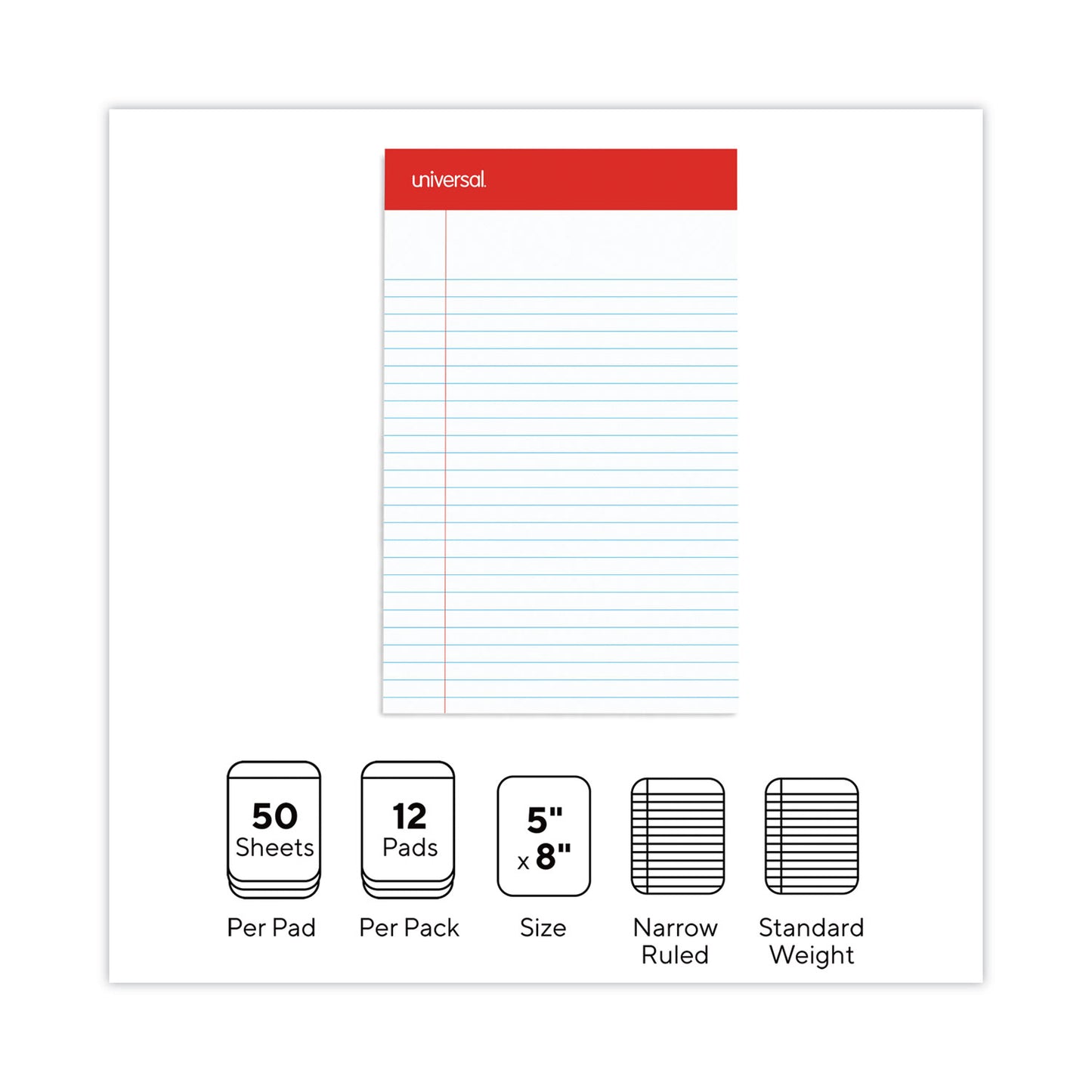 Universal Perforated Ruled Writing Pads, Narrow Rule, Red Headband, 50 White 5 x 8 Sheets, Dozen (46300)