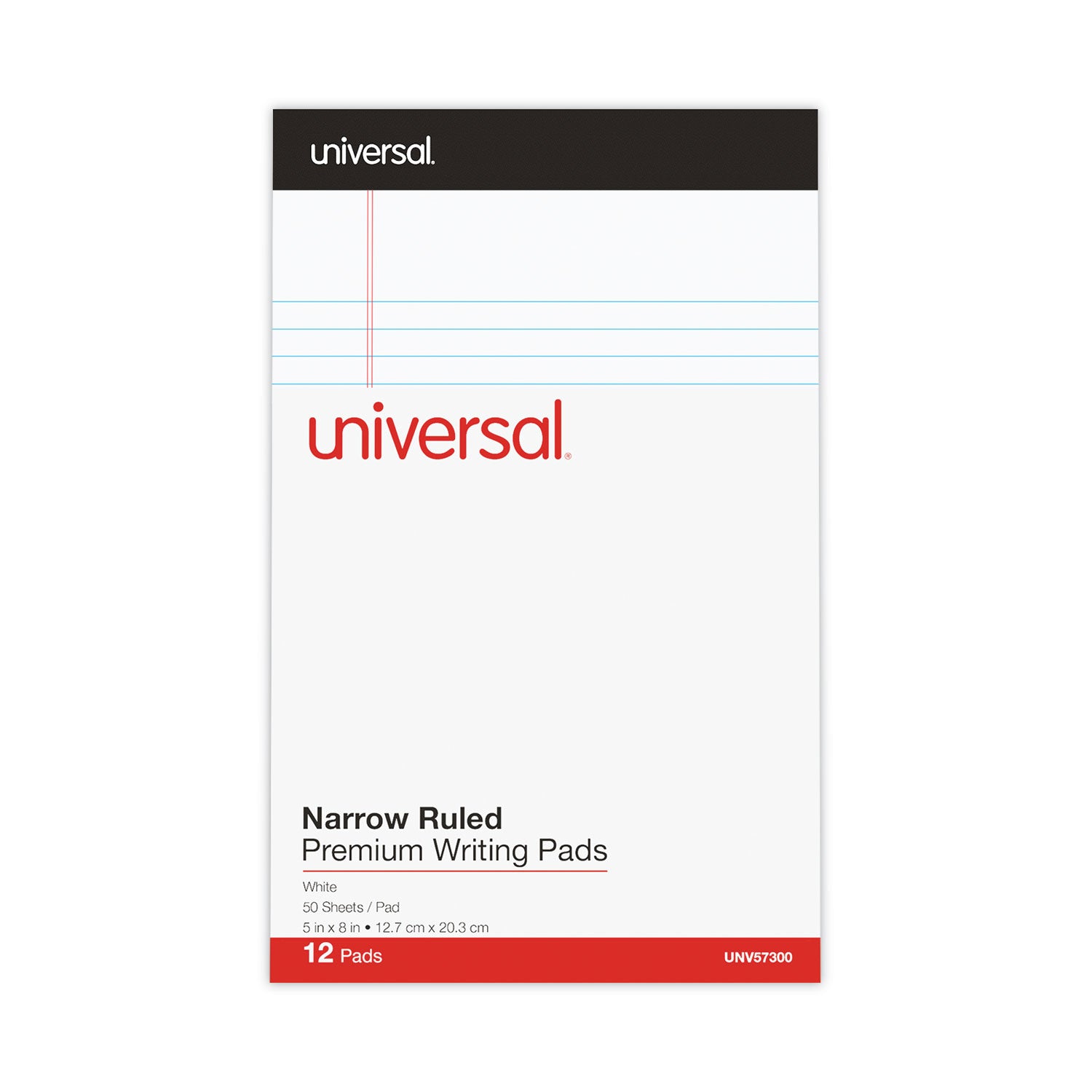 Universal Premium Ruled Writing Pads with Heavy-Duty Back, Narrow Rule, Black Headband, 50 White 5 x 8 Sheets, 12/Pack (57300)