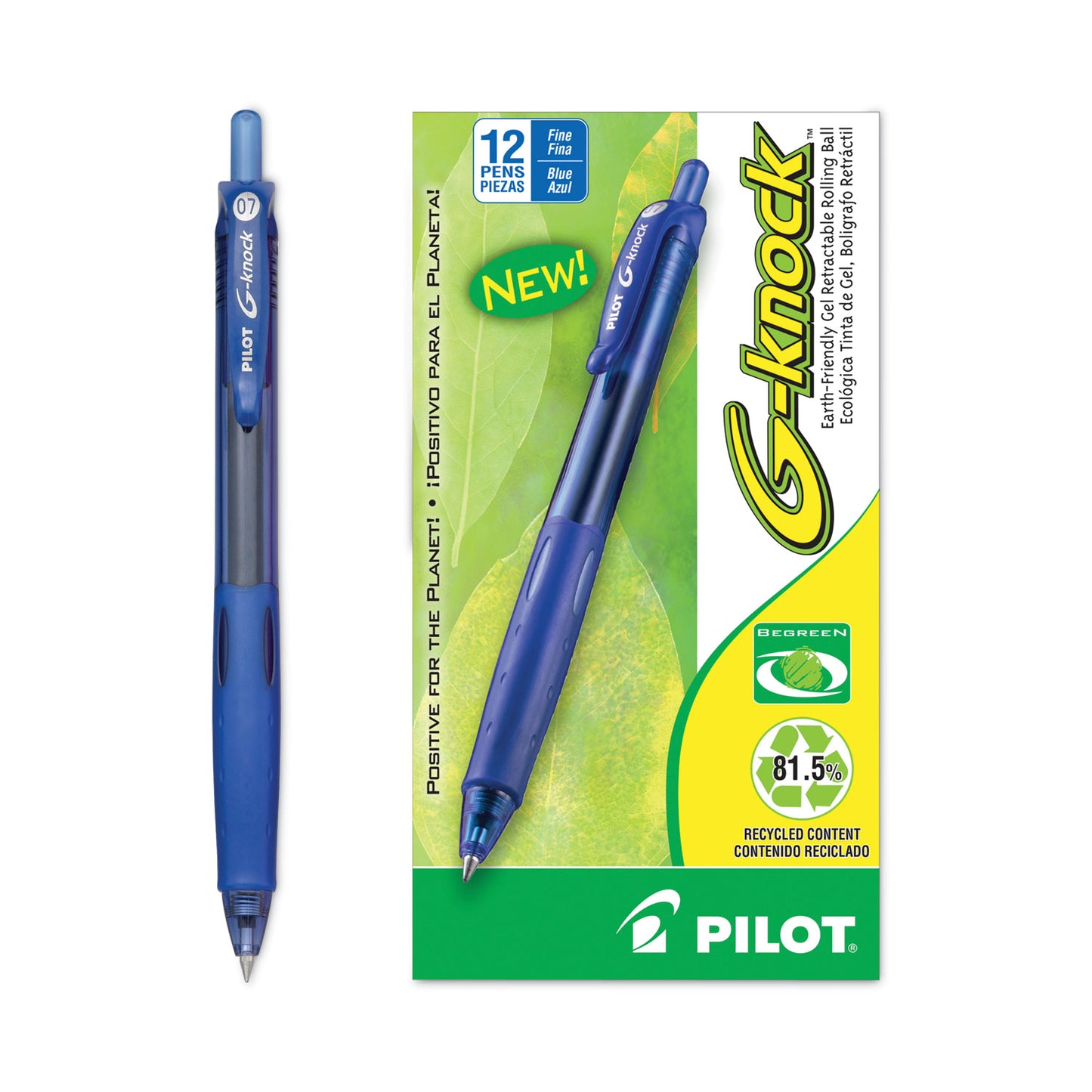 Pilot G-Knock BeGreen Gel Pen, Retractable, Fine 0.7 mm, Blue Ink, Translucent Blue/Blue Barrel, Dozen (31507)