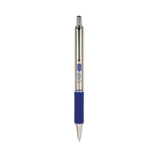 Zebra F-402 Ballpoint Pen, Retractable, Fine 0.7 mm, Blue Ink, Stainless Steel/Blue Barrel, 2/Pack (29222)