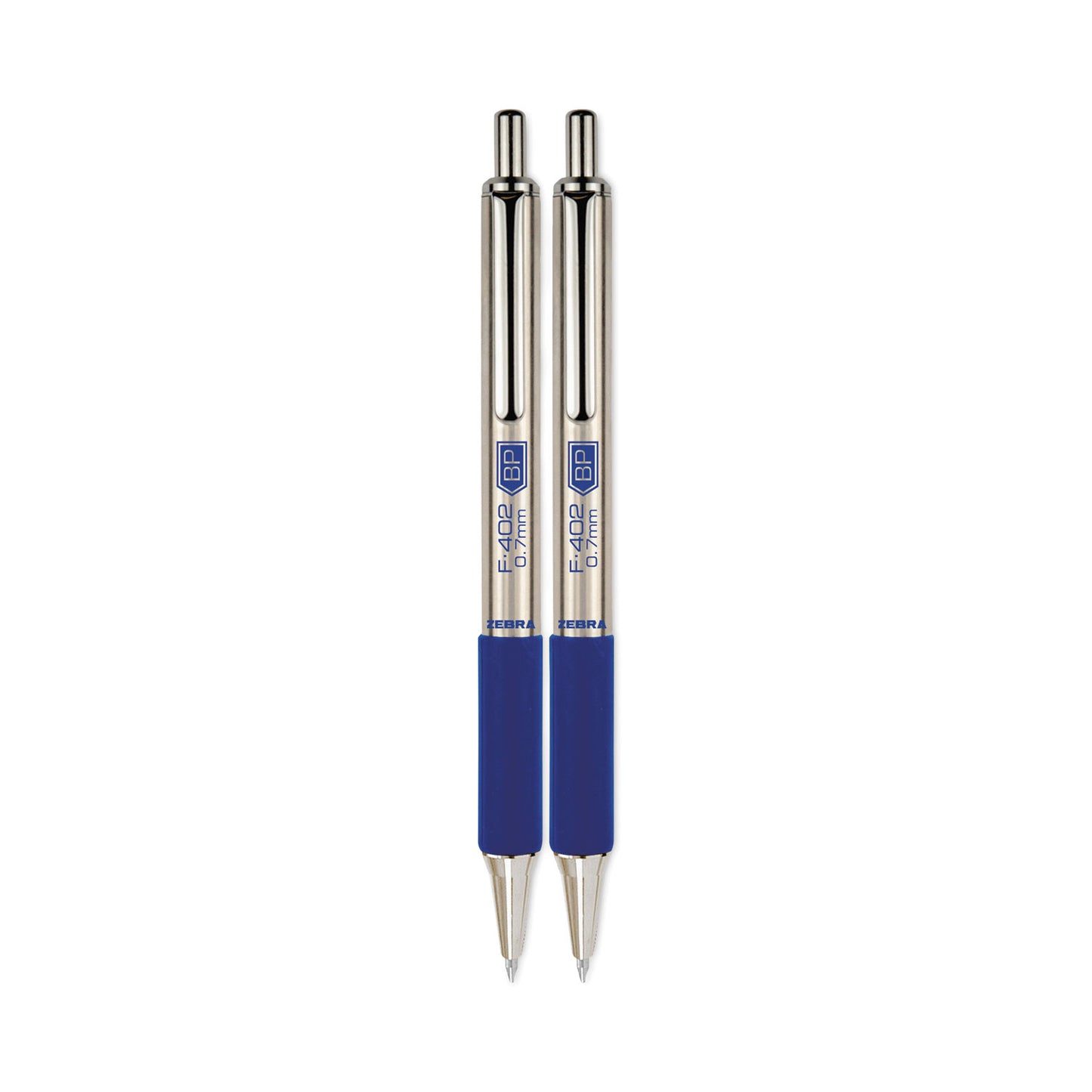Zebra F-402 Ballpoint Pen, Retractable, Fine 0.7 mm, Blue Ink, Stainless Steel/Blue Barrel, 2/Pack (29222)