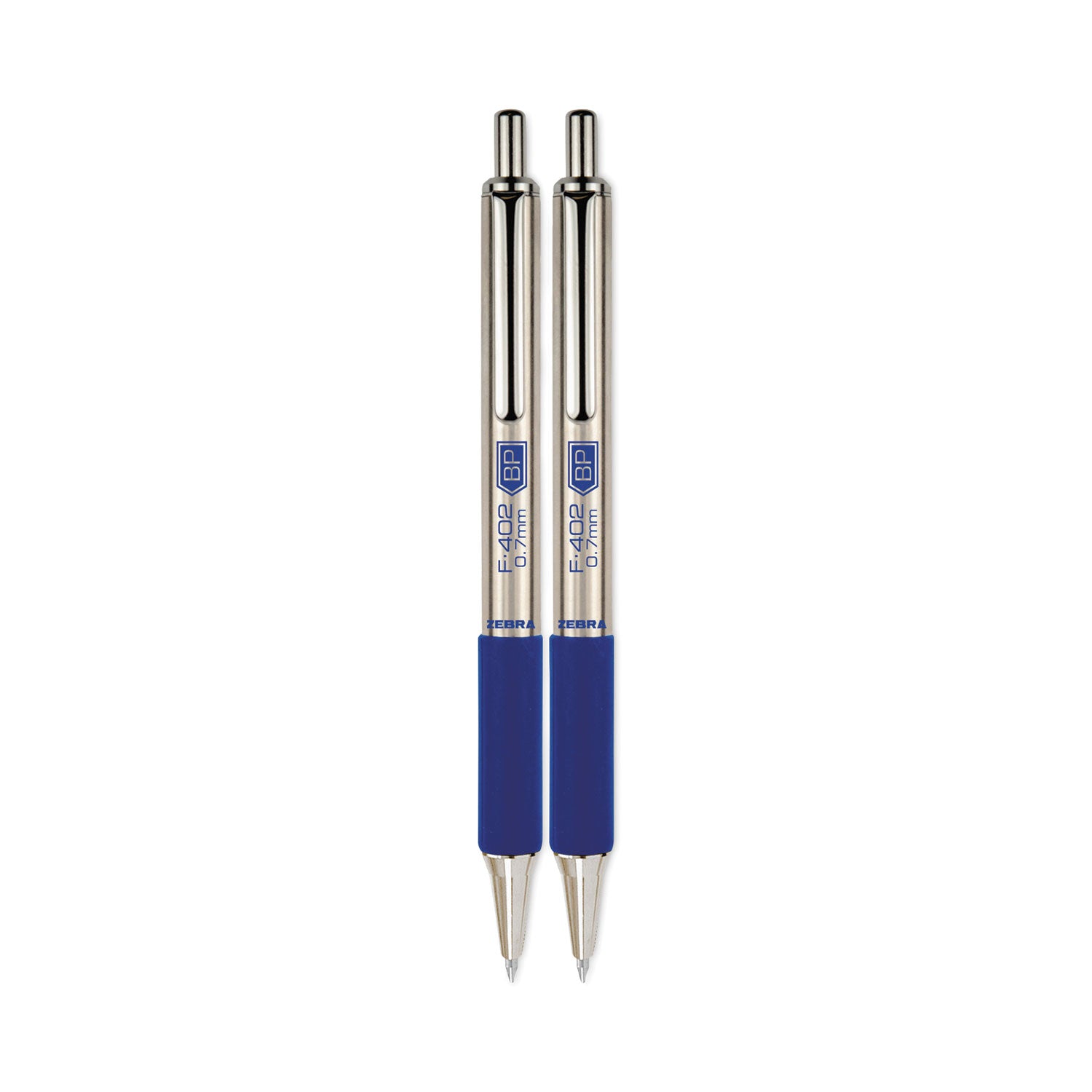 Zebra F-402 Ballpoint Pen, Retractable, Fine 0.7 mm, Blue Ink, Stainless Steel/Blue Barrel, 2/Pack (29222)