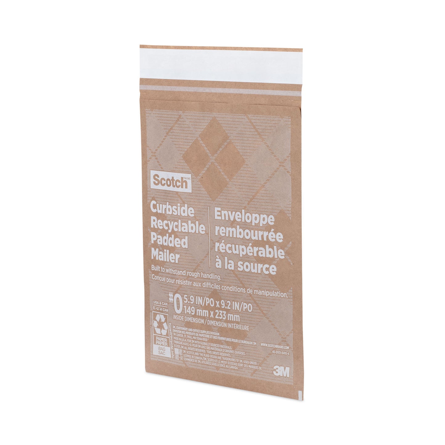 Scotch Curbside Recyclable Padded Mailer, #0, Bubble Cushion, Self-Adhesive Closure, 7 x 11.25, Natural Kraft, 100/Carton (CR01)