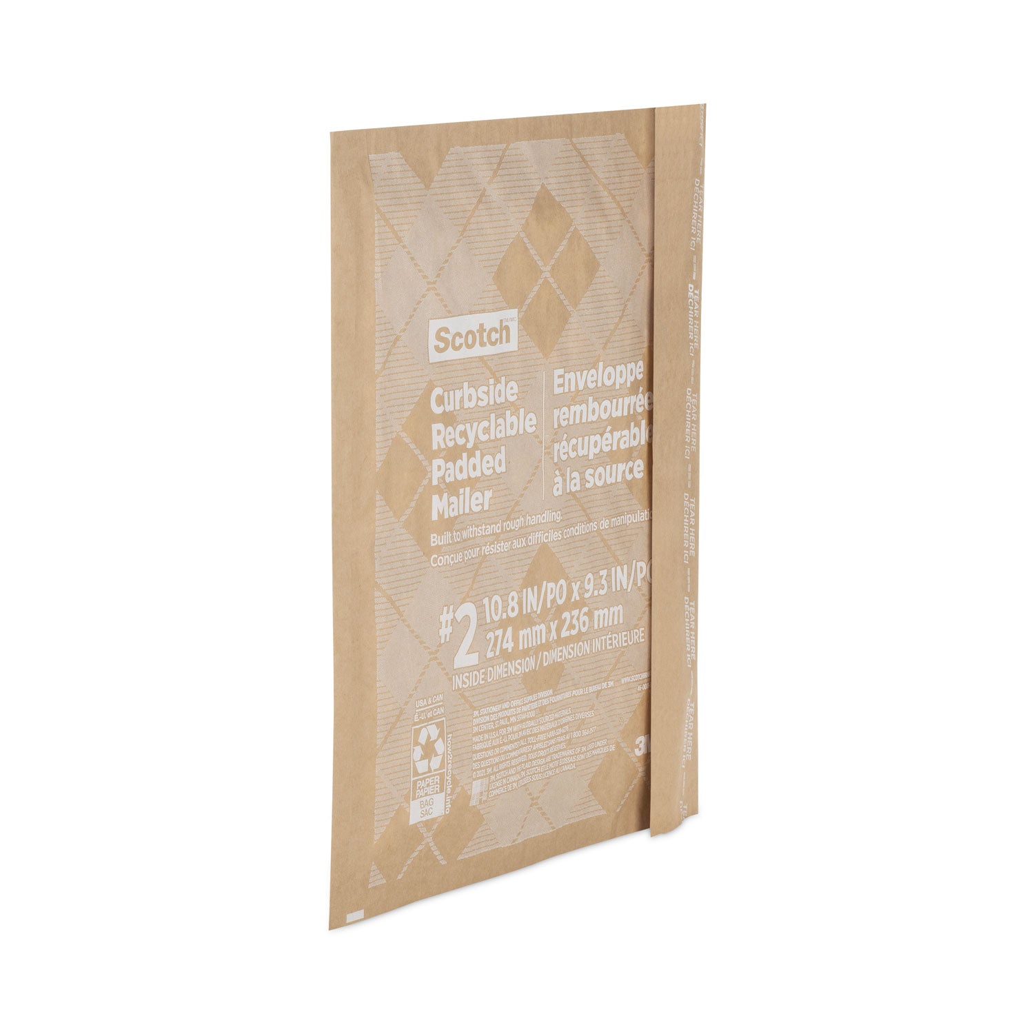 Scotch Curbside Recyclable Padded Mailer, #2, Bubble Cushion, Self-Adhesive Closure, 11.25 x 12, Natural Kraft, 100/Carton (CR21)