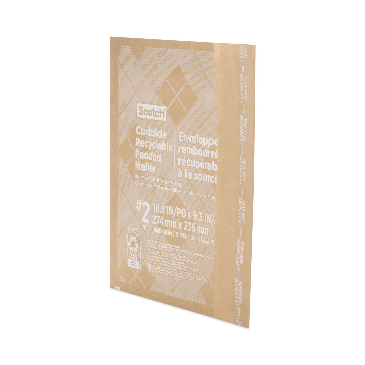 Scotch Curbside Recyclable Padded Mailer, #2, Bubble Cushion, Self-Adhesive Closure, 11.25 x 12, Natural Kraft, 100/Carton (CR21)