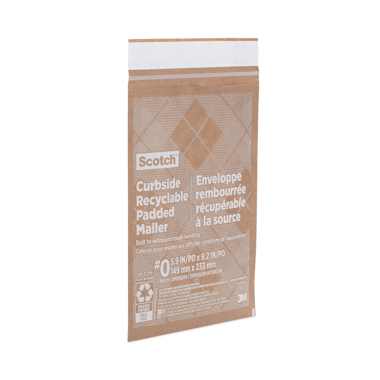 Scotch Curbside Recyclable Padded Mailer, #0, Bubble Cushion, Self-Adhesive Closure, 7 x 11.25, Natural Kraft, 100/Carton (CR01)