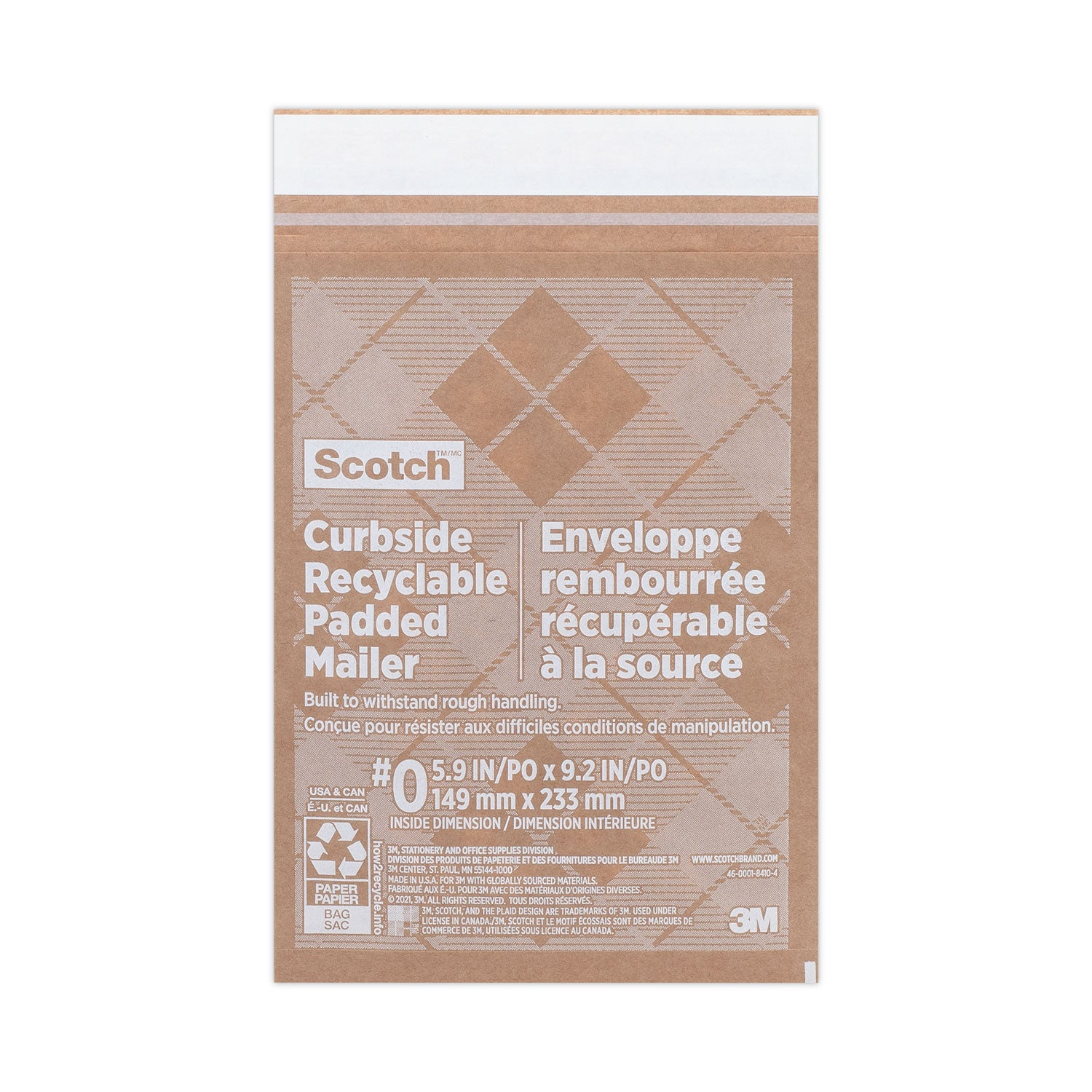 Scotch Curbside Recyclable Padded Mailer, #0, Bubble Cushion, Self-Adhesive Closure, 7 x 11.25, Natural Kraft, 100/Carton (CR01)