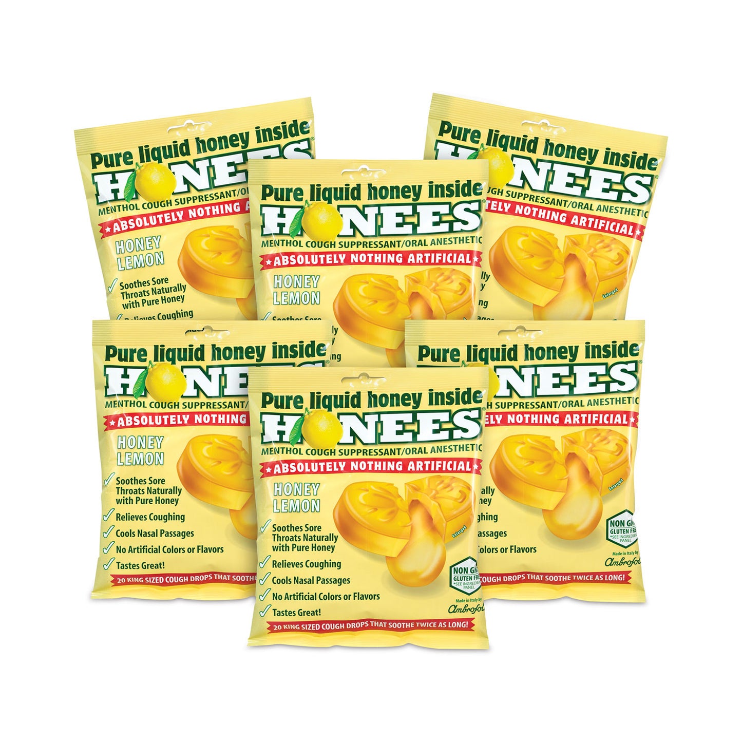 HONEES Cough Drops, Honey-Lemon, 20 per Bag, 6 Bags/Pack (29300005)