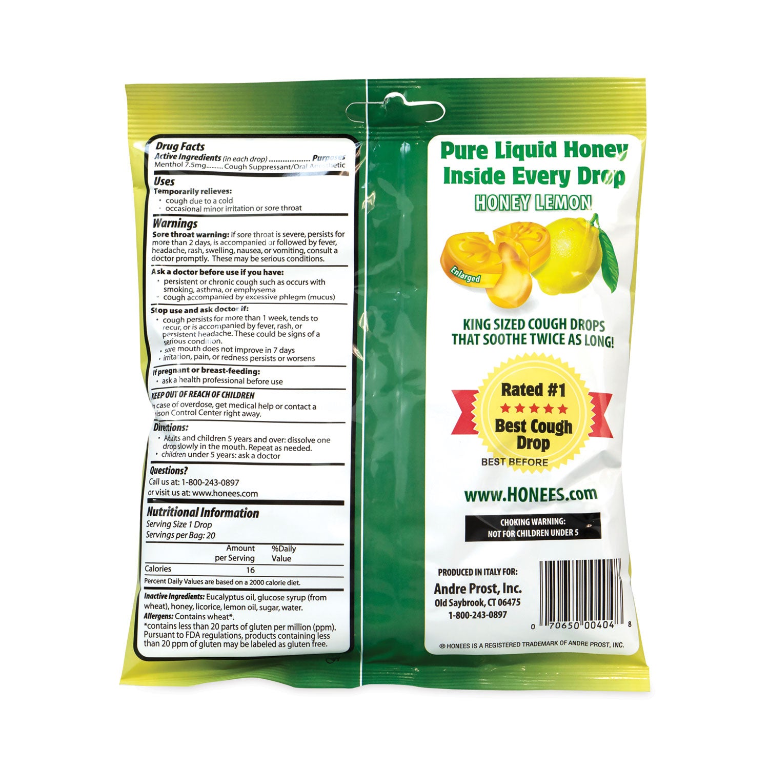 HONEES Cough Drops, Honey-Lemon, 20 per Bag, 6 Bags/Pack (29300005)