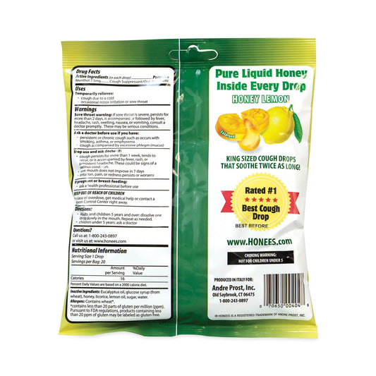 HONEES Cough Drops, Honey-Lemon, 20 per Bag, 6 Bags/Pack (29300005)