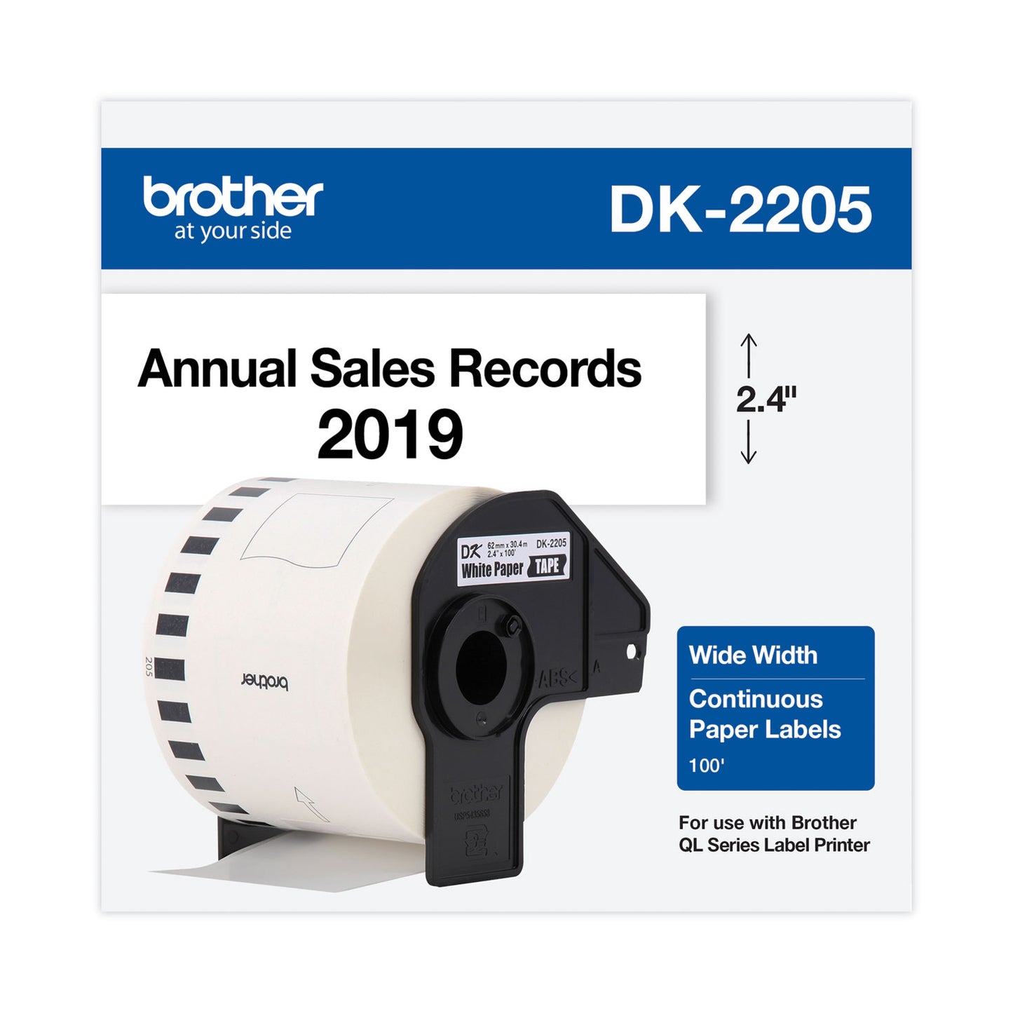 Brother Continuous Paper Label Tape, 2.4" x 100 ft Roll, White (DK2205)