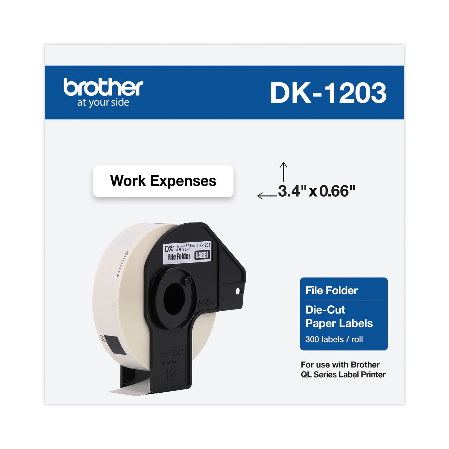 Brother Die-Cut File Folder Labels, 0.66" x 3.4", White, 300 Labels/Roll (DK1203)