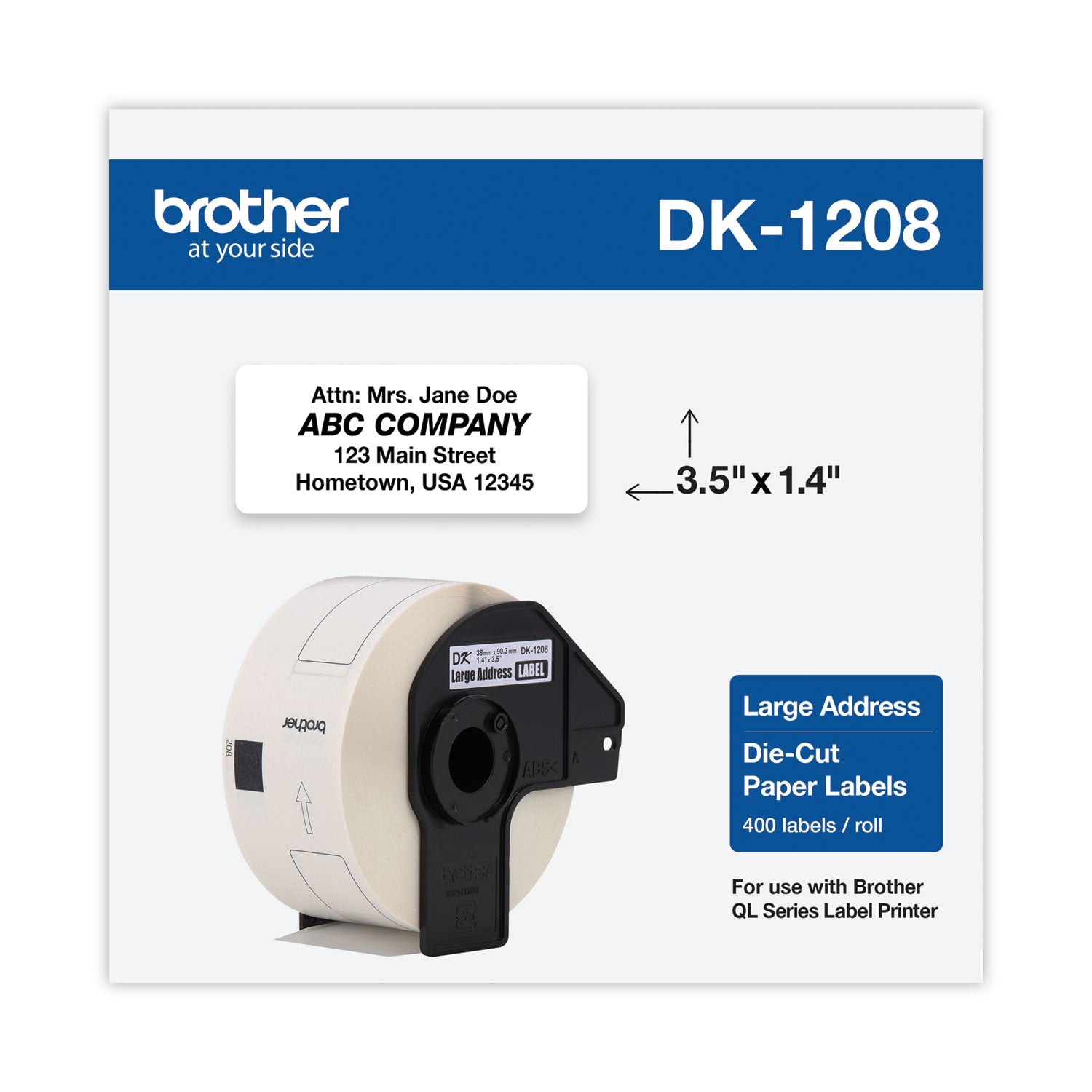 Brother Die-Cut Address Labels, 1.4" x 3.5", White, 400 Labels/Roll (DK1208)