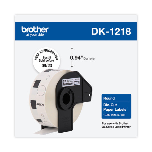 Brother Die-Cut Round Paper Labels, 0.94" dia, White, 1,000 Labels/Roll (DK1218)