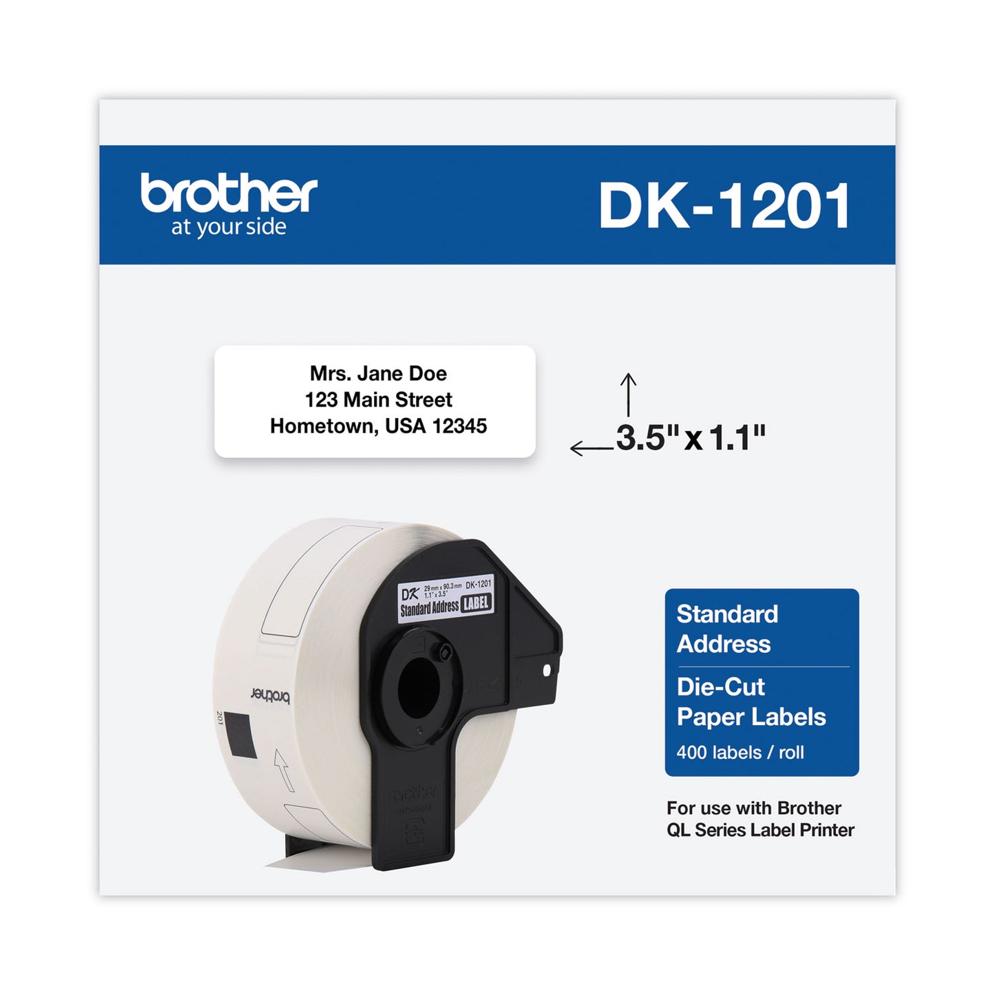 Brother Die-Cut Address Labels, 1.1" x 3.5", White, 400 Labels/Roll (DK1201)