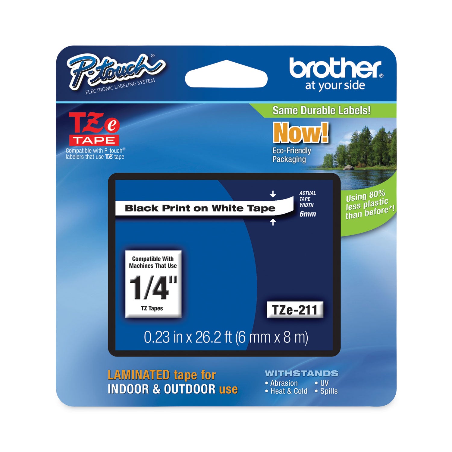 Brother TZe Standard Adhesive Laminated Labeling Tape, 0.23" x 26.2 ft, Black on White (TZE211)