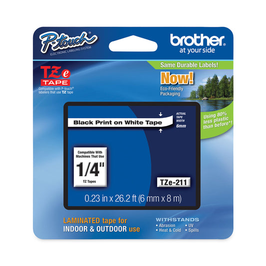 Brother TZe Standard Adhesive Laminated Labeling Tape, 0.23" x 26.2 ft, Black on White (TZE211)