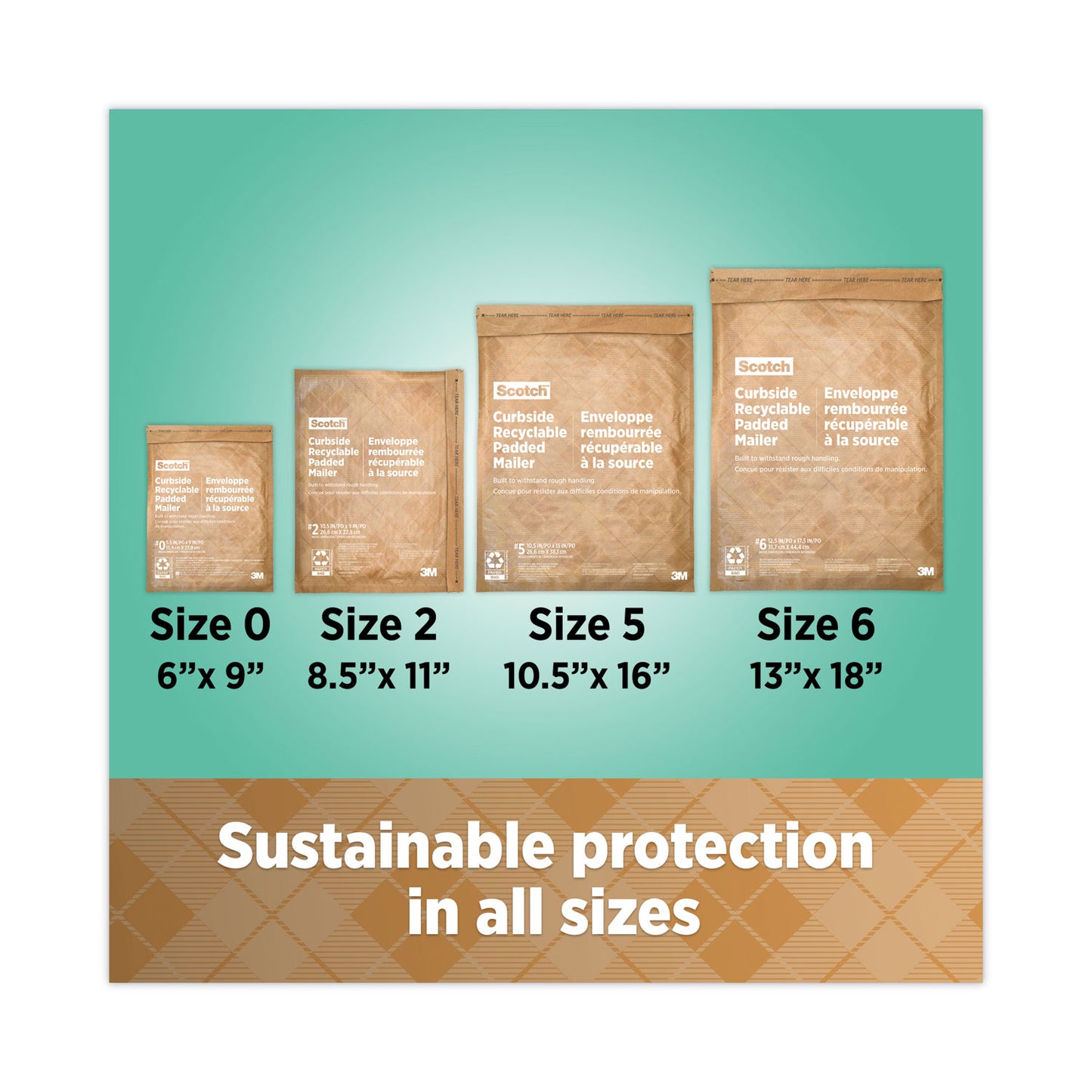 Scotch Curbside Recyclable Padded Mailer, #2, Bubble Cushion, Self-Adhesive Closure, 11.25 x 12, Natural Kraft, 100/Carton (CR21)