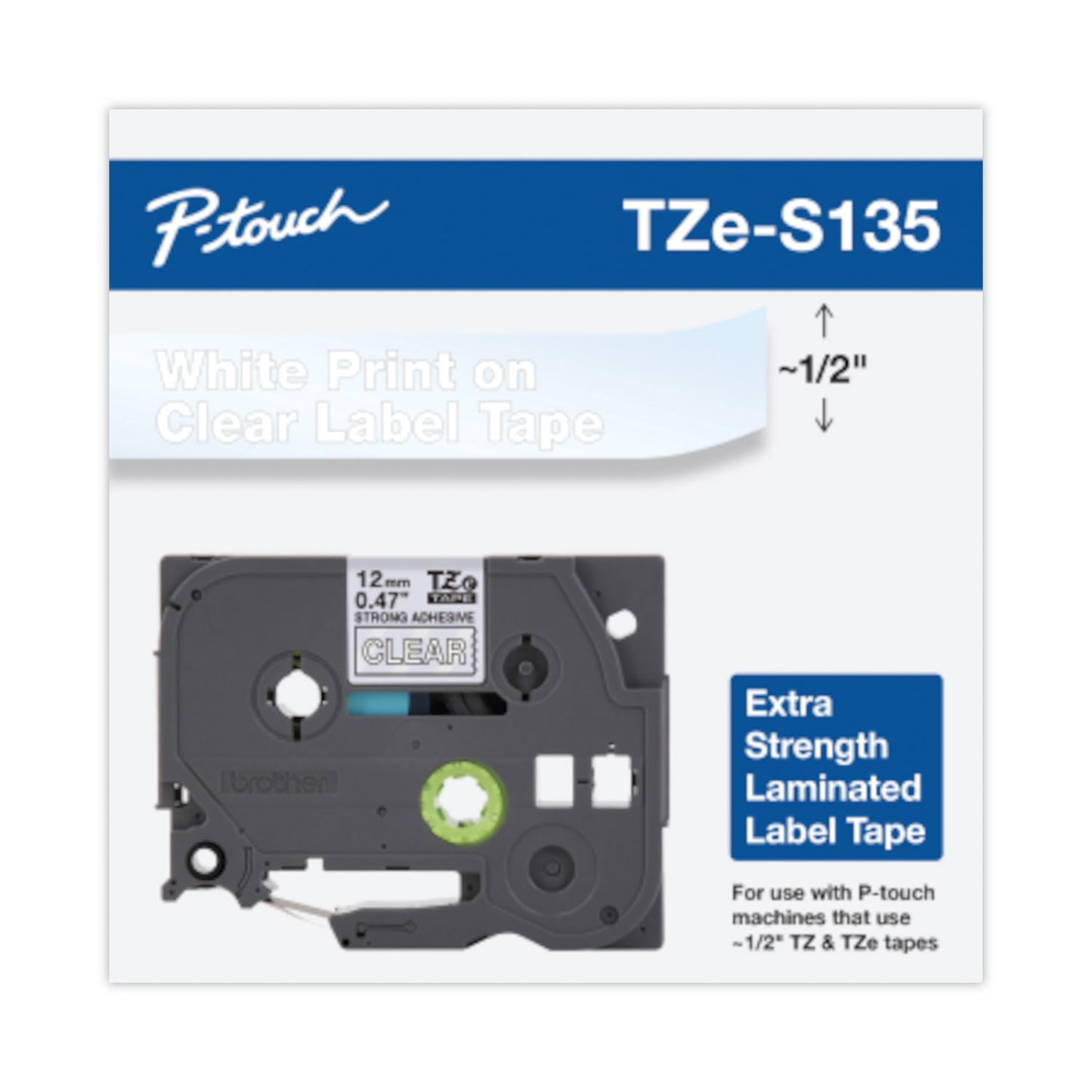 Brother TZ Extra-Strength Adhesive Laminated Labeling Tape, 0.47" x 26.2 ft, White on Clear (TZES135)