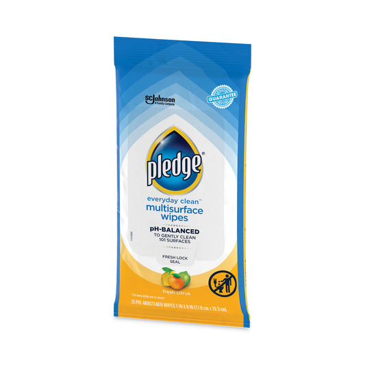 Pledge Multi-Surface Cleaner Wet Wipes, Cloth, 7 x 10, Fresh Citrus, White, 25 Wipes (336274EA)