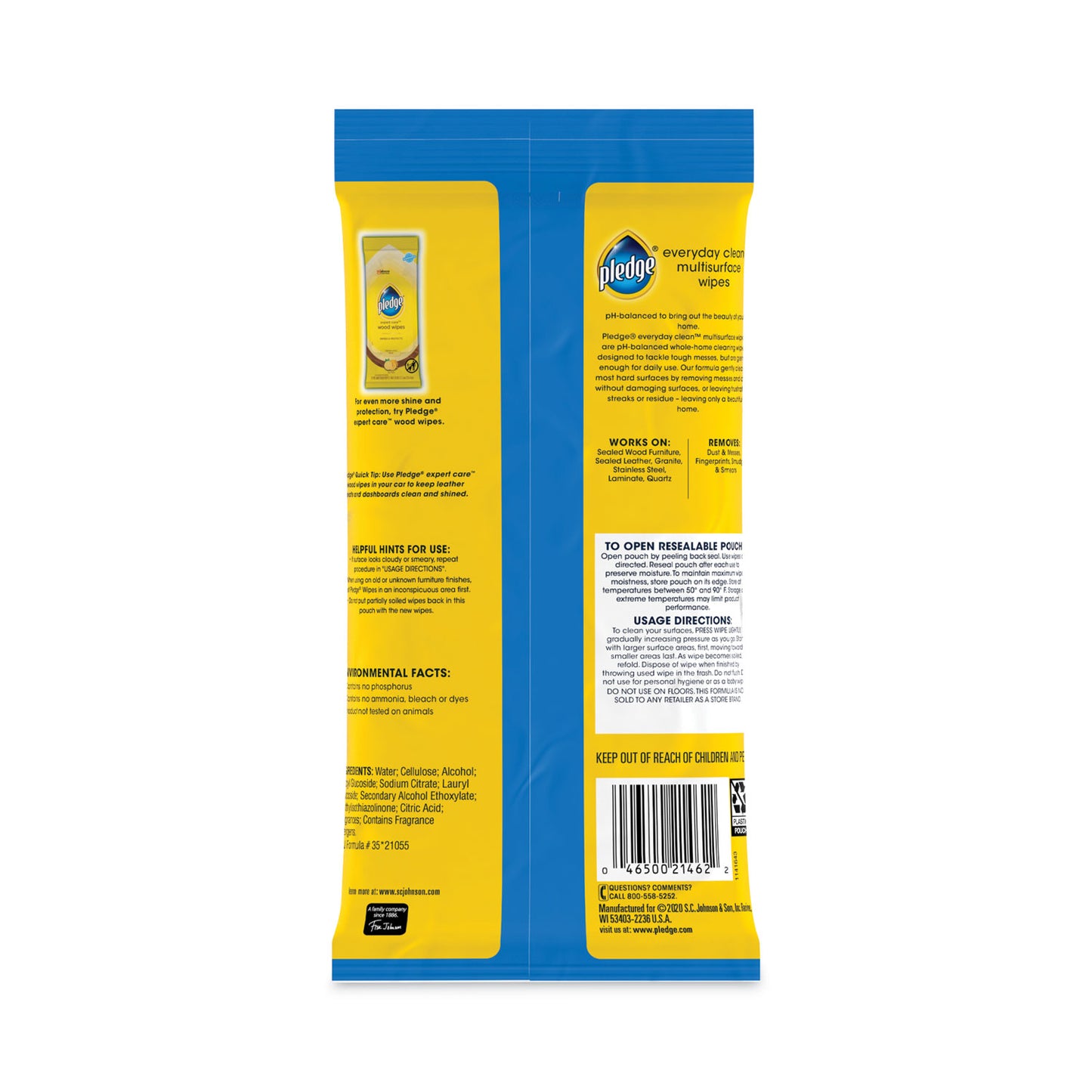 Pledge Multi-Surface Cleaner Wet Wipes, Cloth, 7 x 10, Fresh Citrus, White, 25/Pack, 12 Packs/Carton (336274)