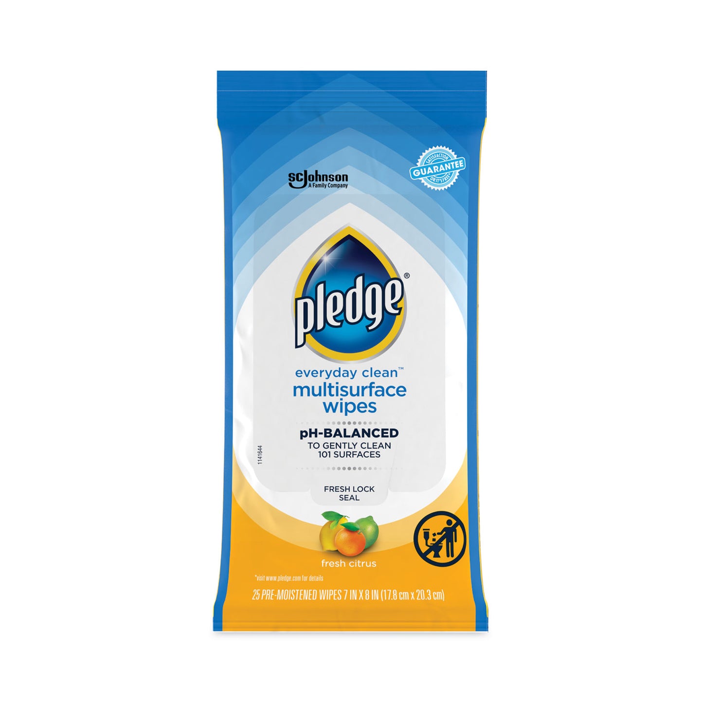 Pledge Multi-Surface Cleaner Wet Wipes, Cloth, 7 x 10, Fresh Citrus, White, 25/Pack, 12 Packs/Carton (336274)