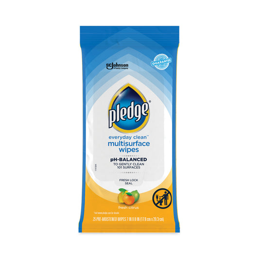 Pledge Multi-Surface Cleaner Wet Wipes, Cloth, 7 x 10, Fresh Citrus, White, 25 Wipes (336274EA)