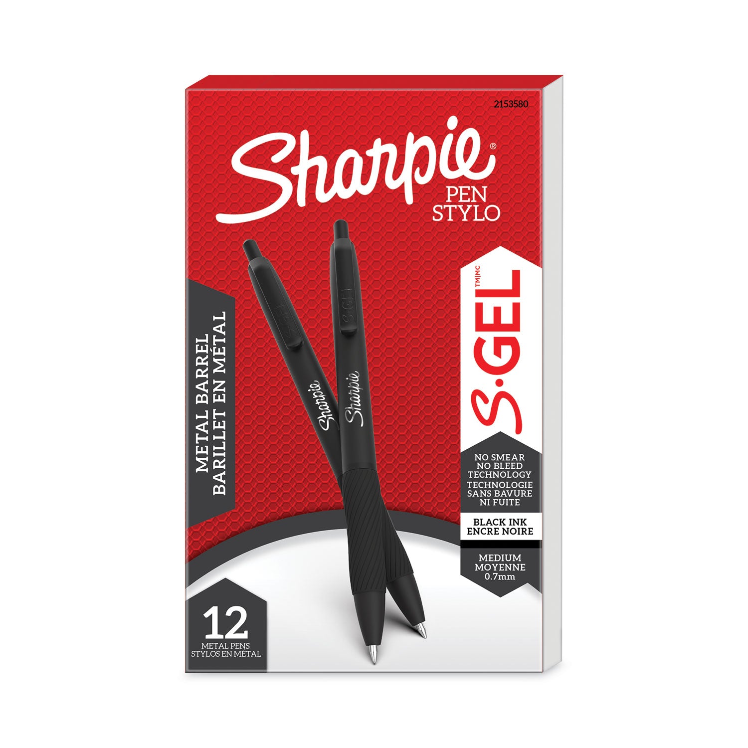 Sharpie S-Gel Premium Metal Barrel Gel Pen, Retractable, Medium 0.7 mm, Black Ink, Black Barrel, Dozen (2153580)