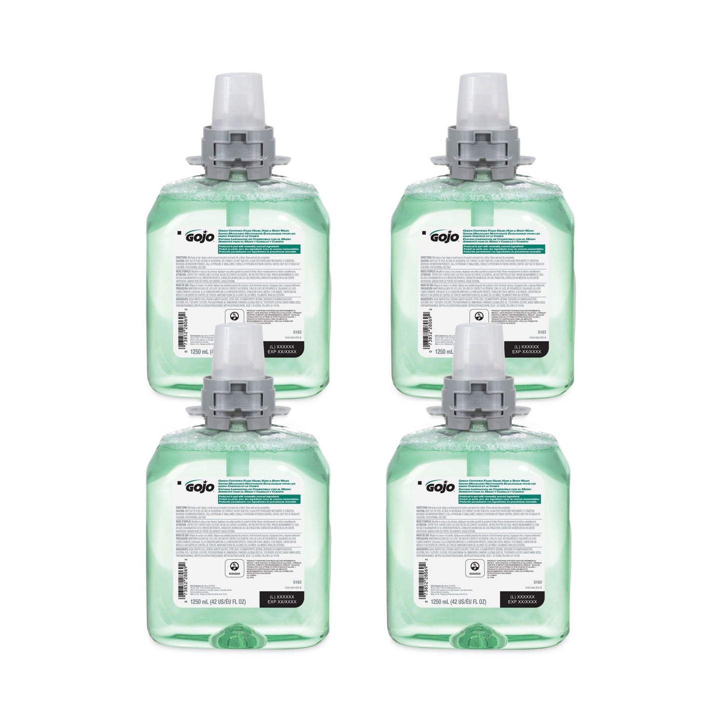 GOJO Green Certified Foam Hair and Body Wash Refill, Cucumber Melon Scent, 1,250 mL, 4/Carton (516304CT)