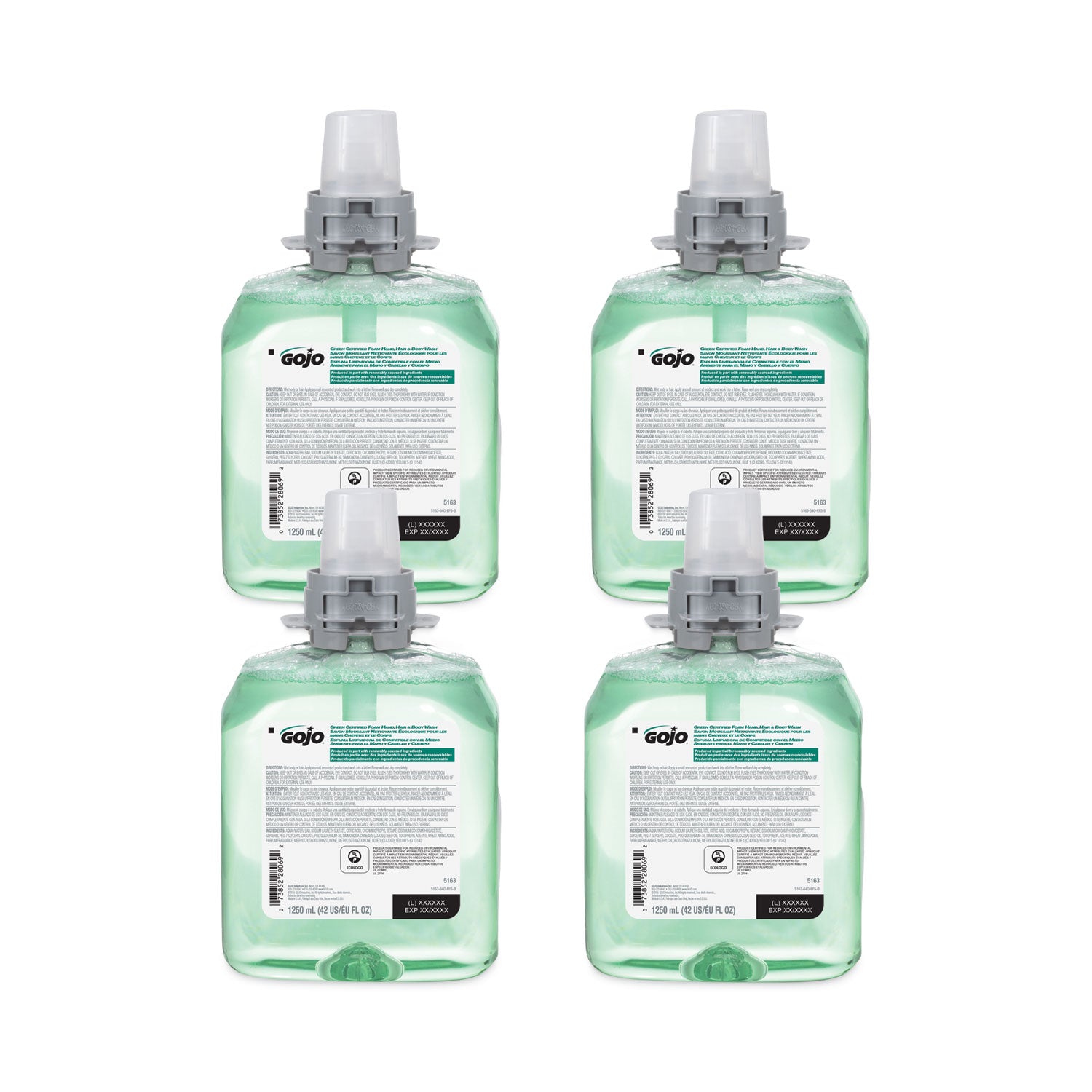 GOJO Green Certified Foam Hair and Body Wash Refill, Cucumber Melon Scent, 1,250 mL, 4/Carton (516304CT)