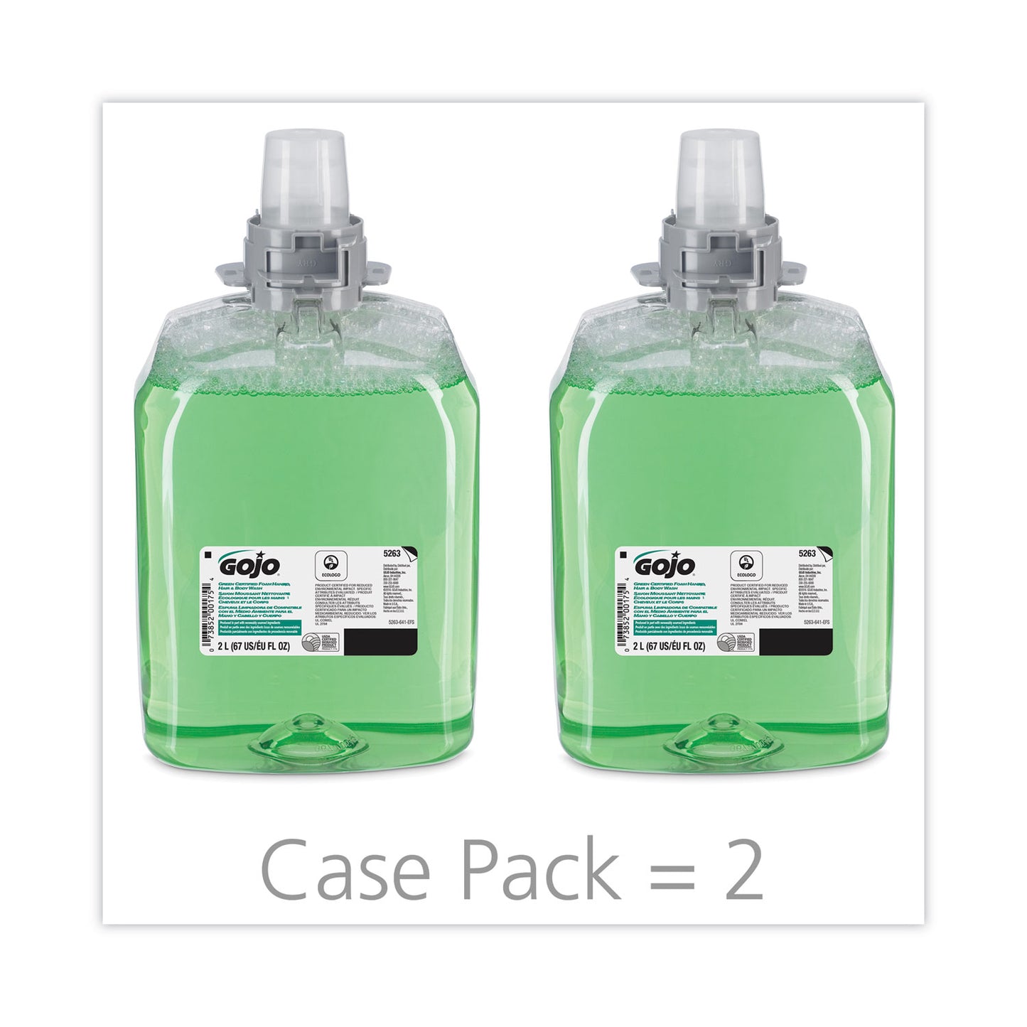 GOJO Green Certified Foam Hair and Body Wash, Cucumber Melon Scent, 2,000 mL, 2/Carton (526302)