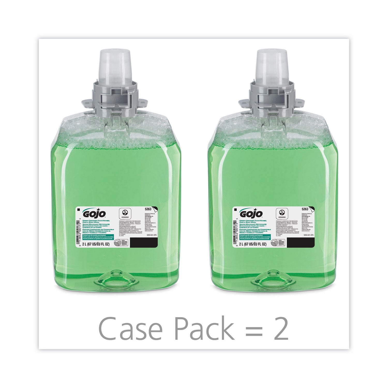 GOJO Green Certified Foam Hair and Body Wash, Cucumber Melon Scent, 2,000 mL, 2/Carton (526302)