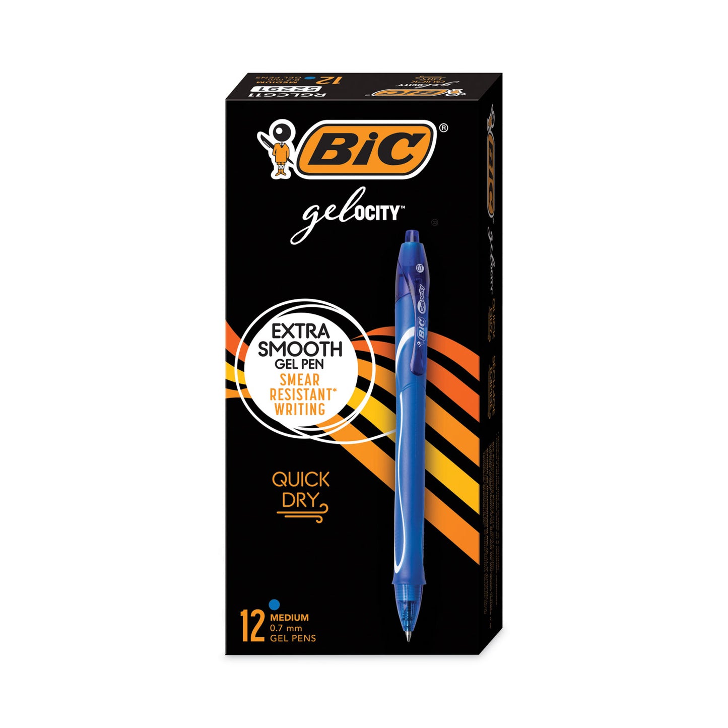 BIC Gel-ocity Quick Dry Gel Pen, Retractable, Medium 0.7 mm, Blue Ink, Blue Barrel, Dozen (RGLCG11BE)