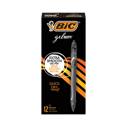 BIC Gel-ocity Quick Dry Gel Pen, Retractable, Medium 0.7 mm, Black Ink, Black Barrel, Dozen (RGLCG11BK)