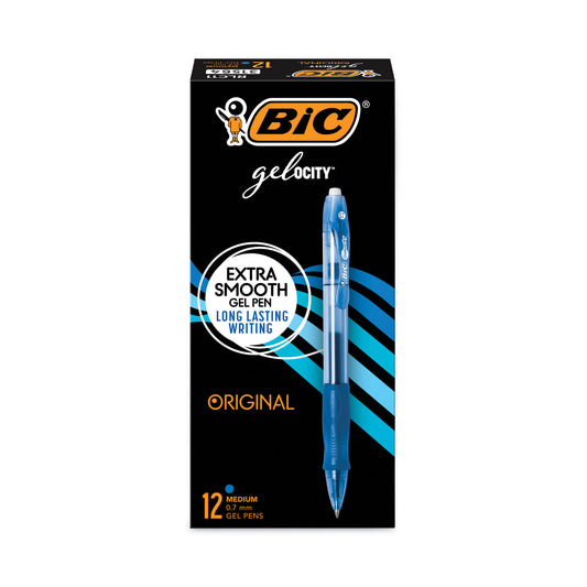 BIC Gel-ocity Gel Pen, Retractable, Medium 0.7 mm, Blue Ink, Translucent Blue Barrel, Dozen (RLC11BE)