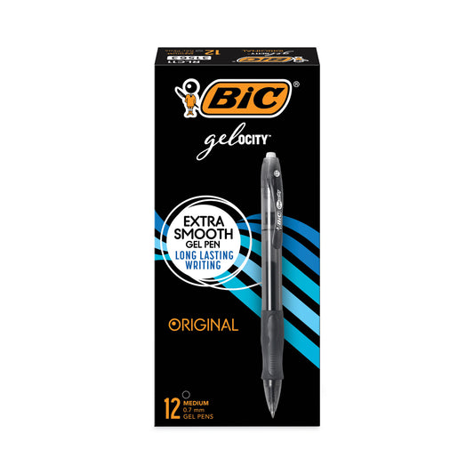 BIC Gel-ocity Gel Pen, Retractable, Medium 0.7 mm, Black Ink, Translucent Black Barrel, Dozen (RLC11BK)