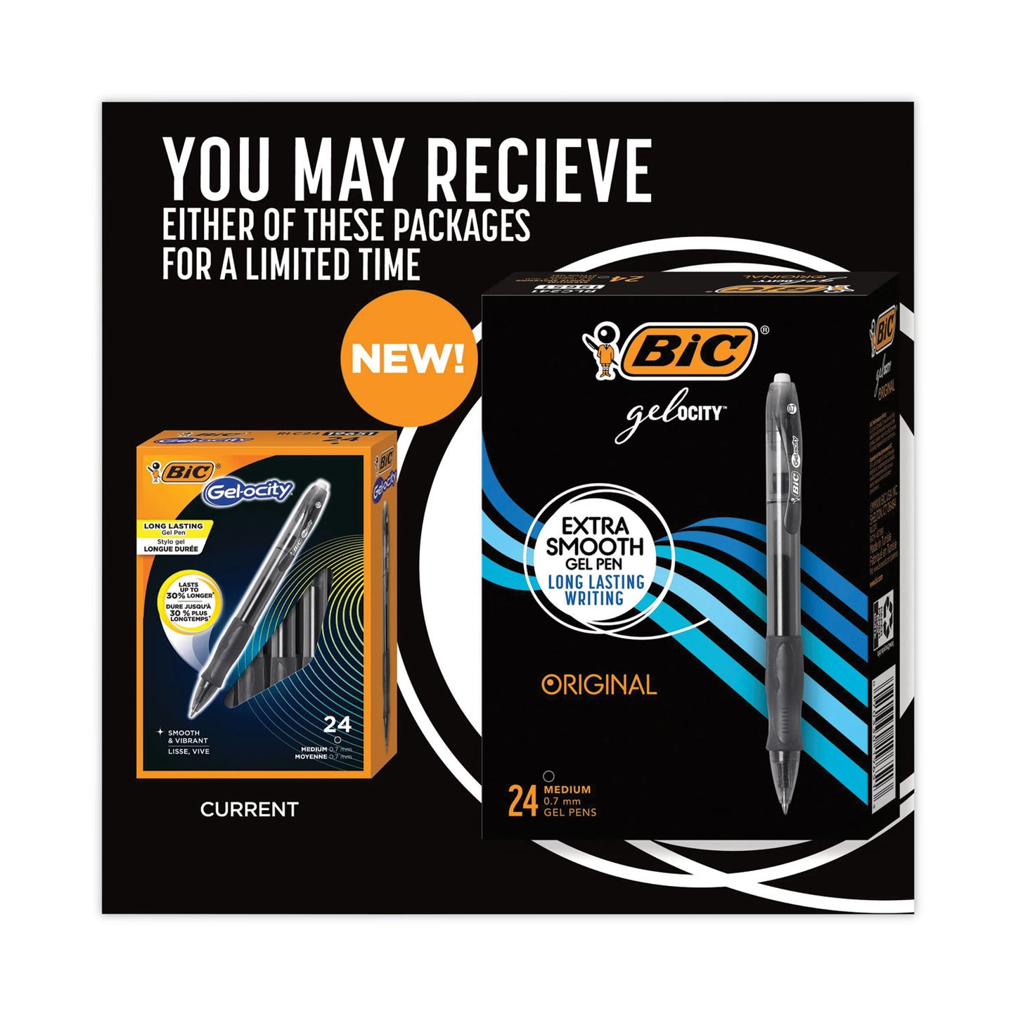 BIC Gel-ocity Gel Pen Value Pack, Retractable, Medium 0.7 mm, Black Ink, Clear/Black Barrel, 24/Pack (RLC241BK)