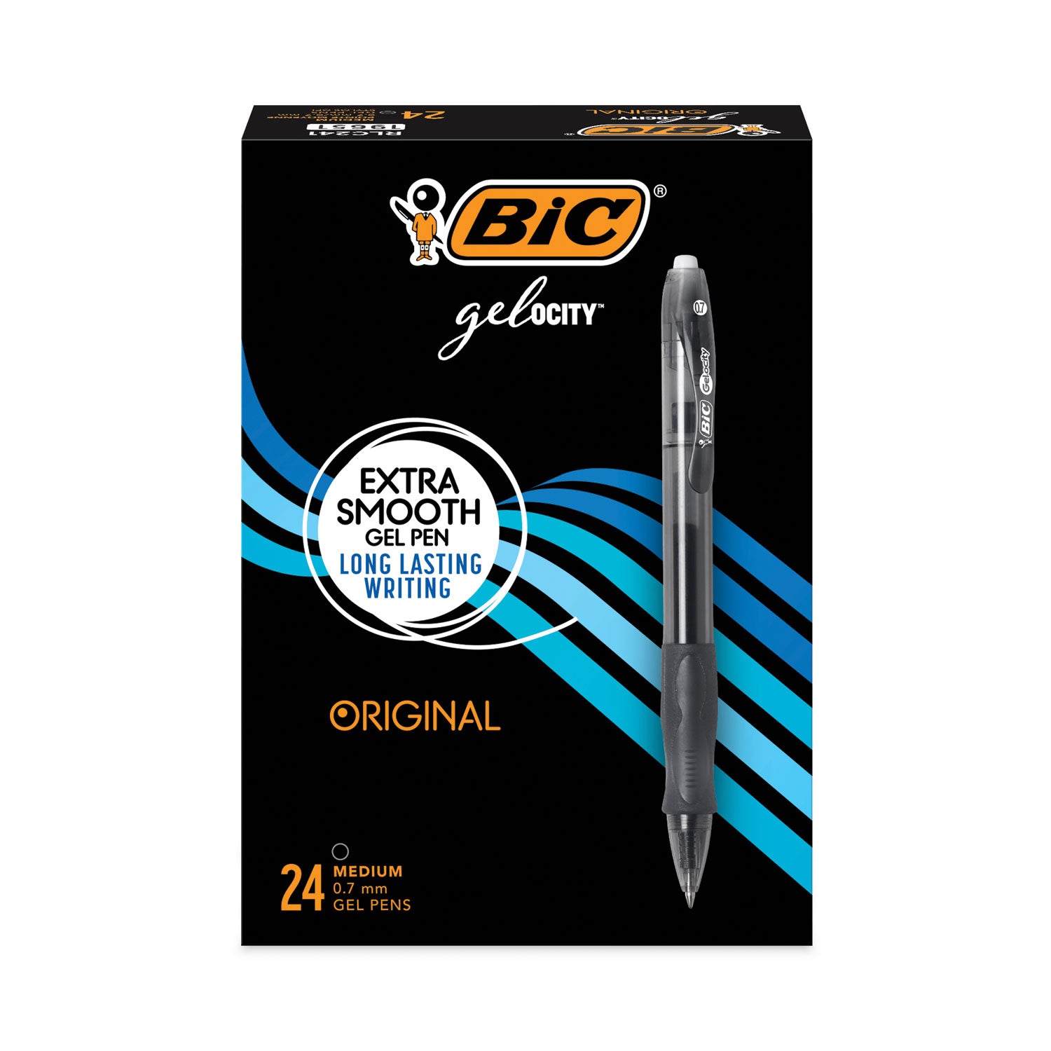 BIC Gel-ocity Gel Pen Value Pack, Retractable, Medium 0.7 mm, Black Ink, Clear/Black Barrel, 24/Pack (RLC241BK)