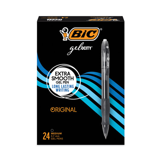 BIC Gel-ocity Gel Pen Value Pack, Retractable, Medium 0.7 mm, Black Ink, Clear/Black Barrel, 24/Pack (RLC241BK)