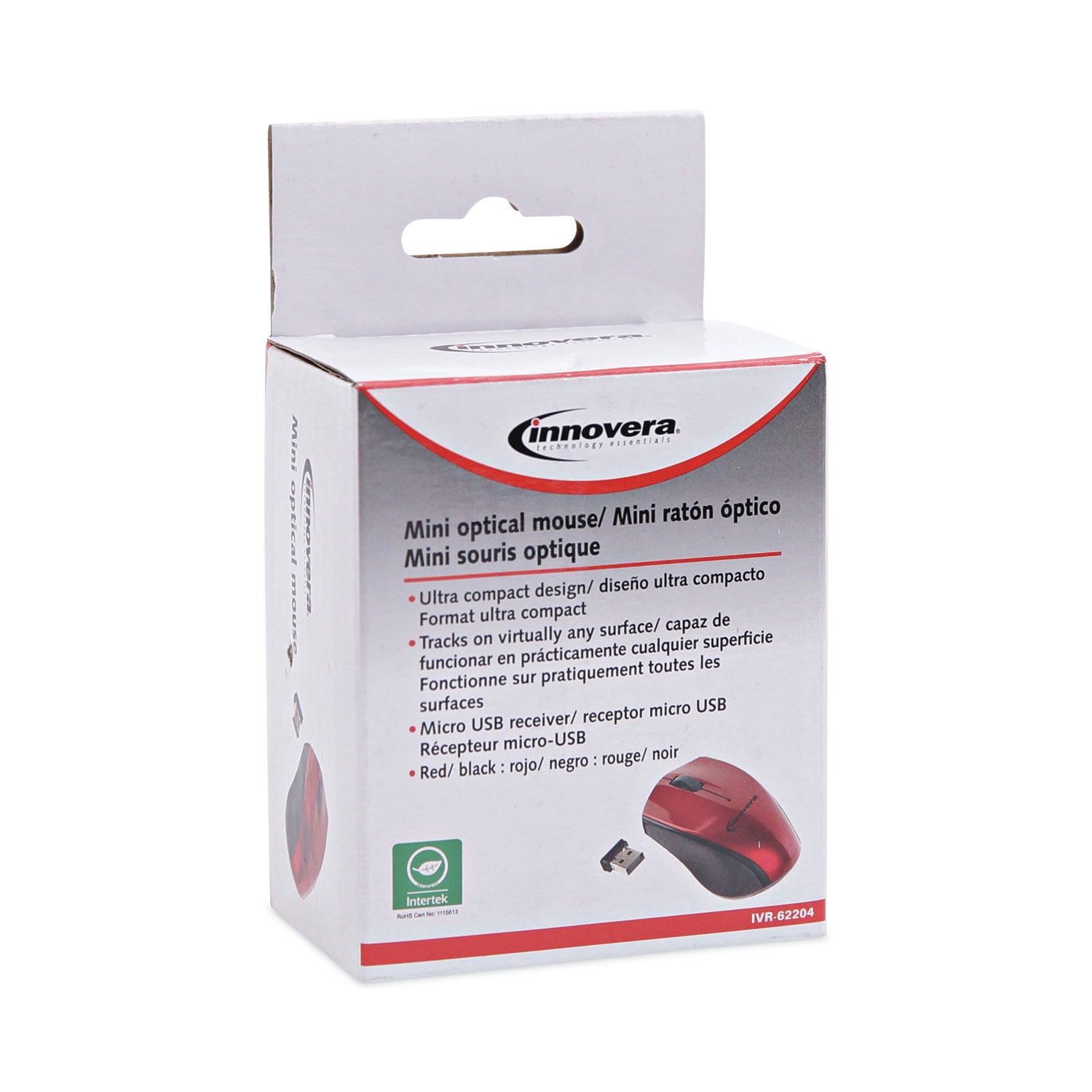 Innovera Mini Wireless Optical Mouse, 2.4 GHz Frequency/30 ft Wireless Range, Left/Right Hand Use, Red/Black (62204)