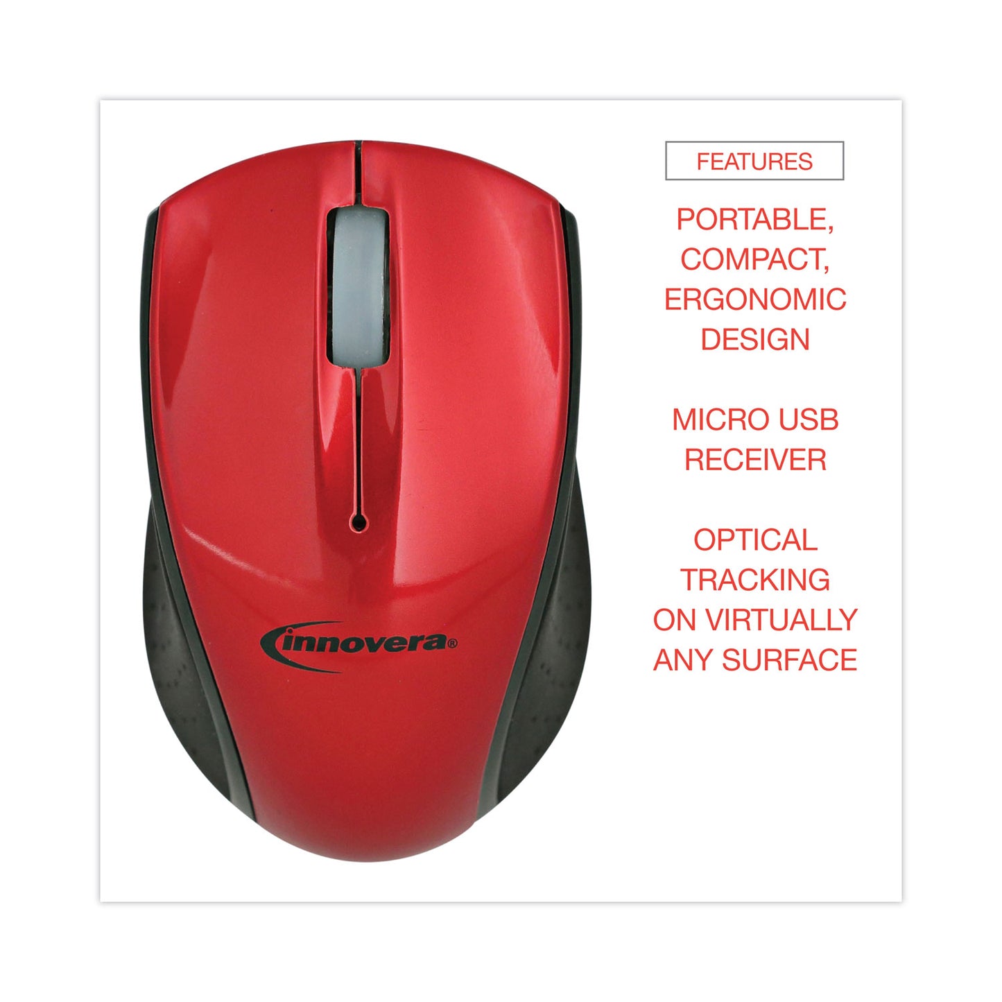 Innovera Mini Wireless Optical Mouse, 2.4 GHz Frequency/30 ft Wireless Range, Left/Right Hand Use, Red/Black (62204)