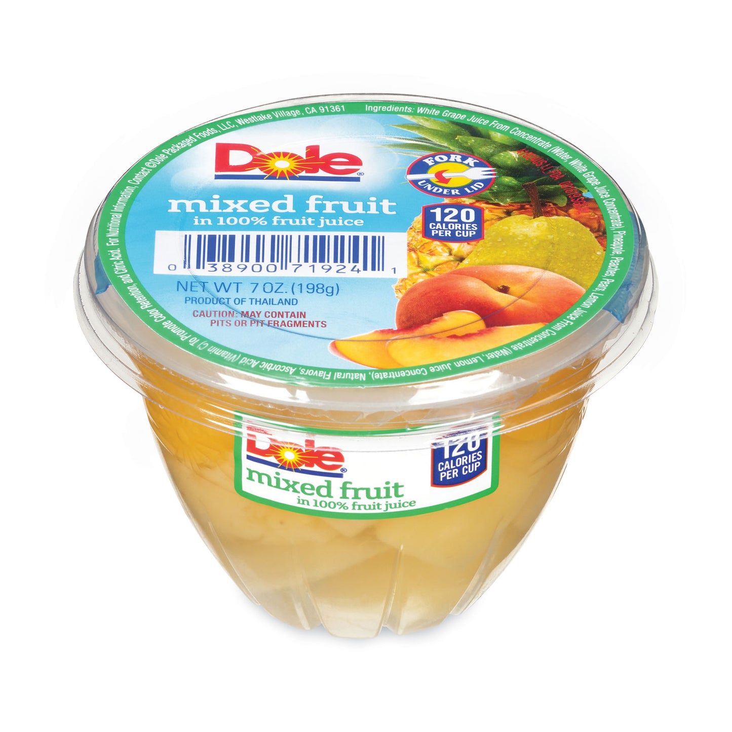 Dole Mixed Fruit in 100% Fruit Juice Cups, Peaches/Pears/Pineapple, 7 oz Cup, 12/Carton (20902549)