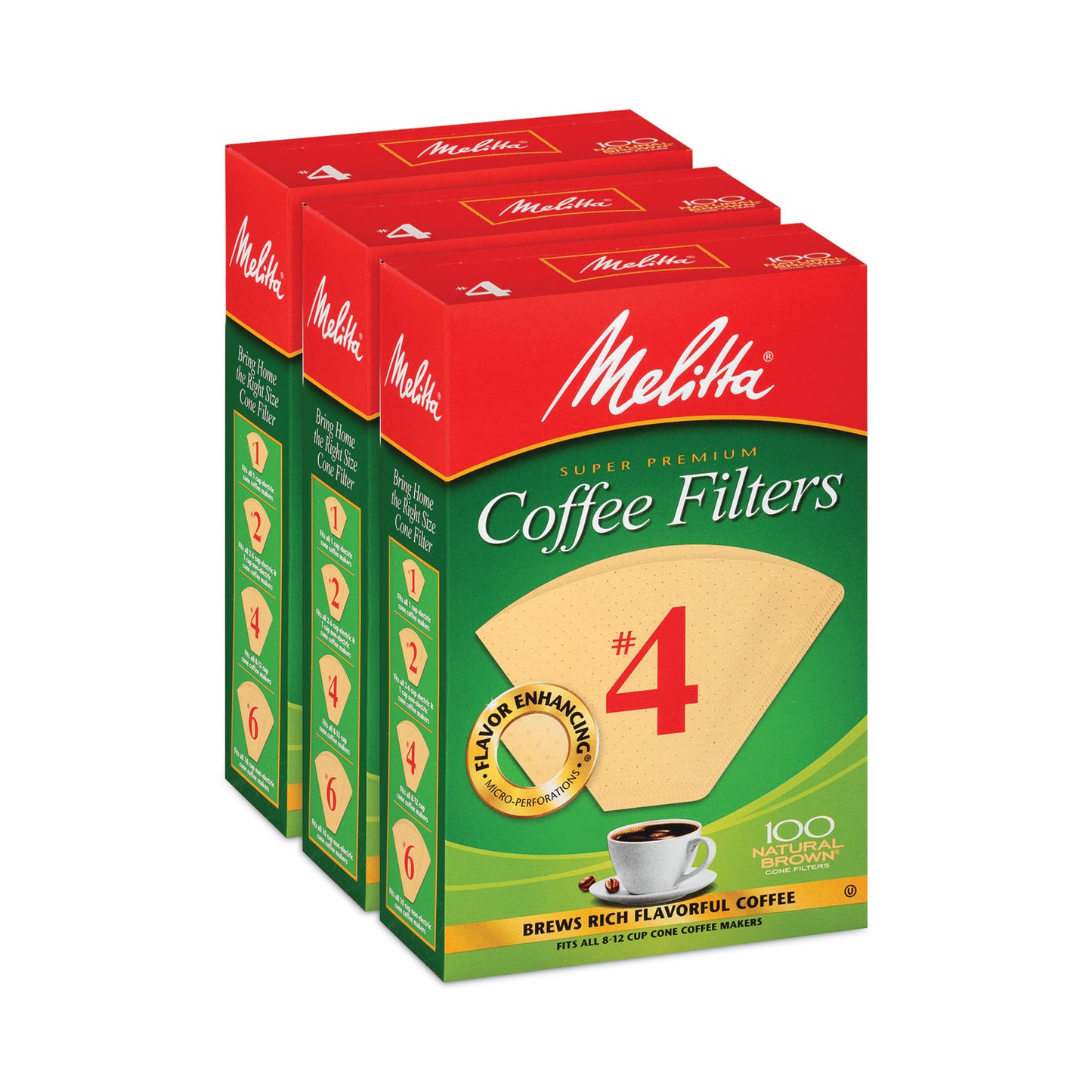 Melitta Coffee Filters, #4, 8 to 12 Cup Size, Cone Style, 100 Filters/Pack, 3/Pack (22000695)