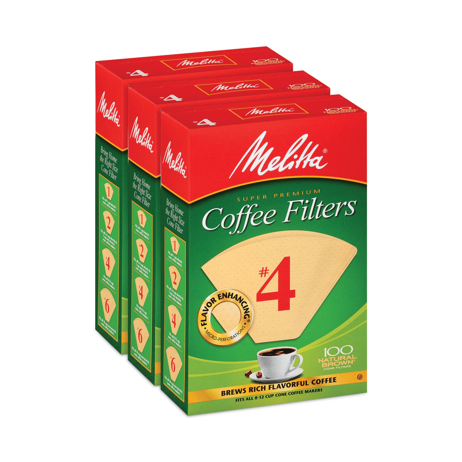 Melitta Coffee Filters, #4, 8 to 12 Cup Size, Cone Style, 100 Filters/Pack, 3/Pack (22000695)