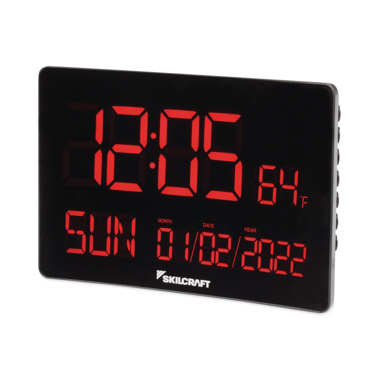 AbilityOne 6645016988078 SKILCRAFT LED Self-set Digital Clock, 9.7" x 6.3", Black Case, AC Powered, 1 CR2032 (included)