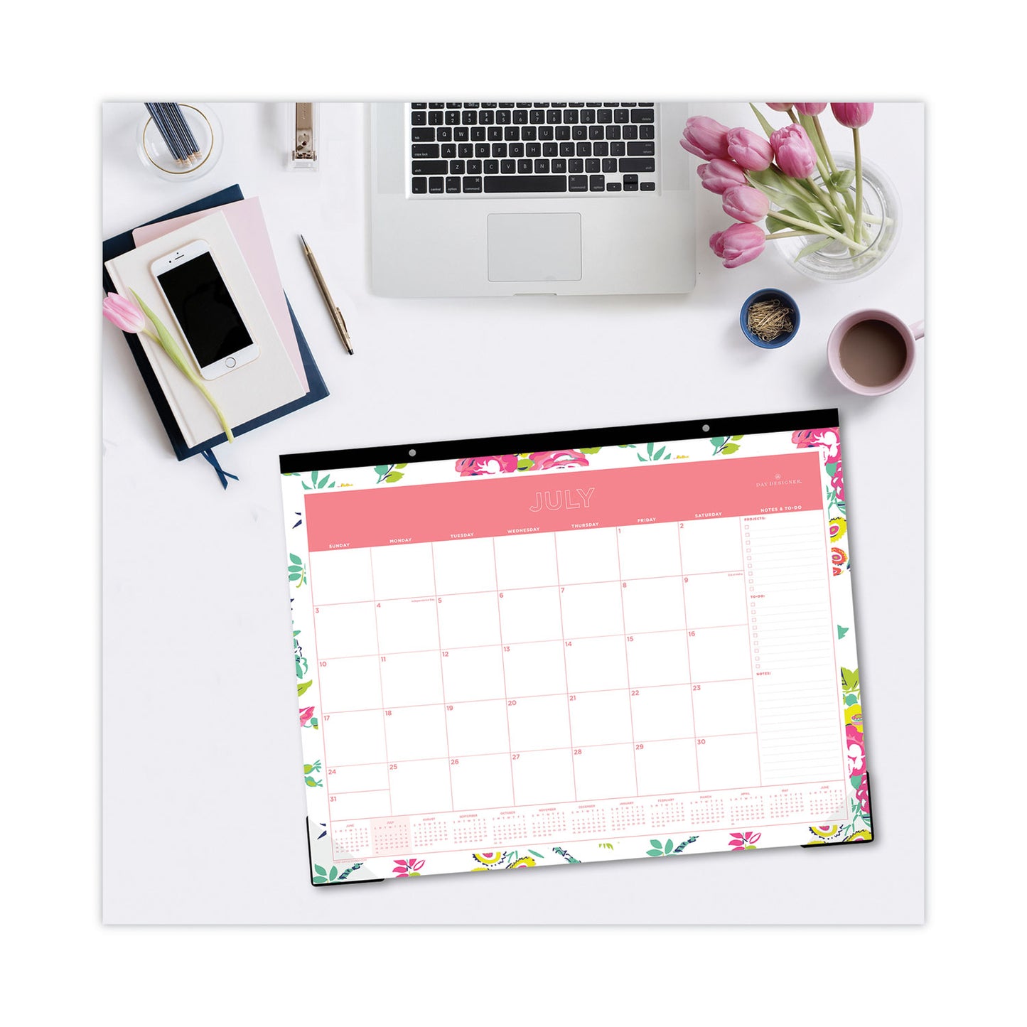 Blue Sky Day Designer Peyton Academic Desk Pad, Floral Artwork, 22 x 17, Black Binding, Clear Corners, 12-Month (July-June): 2024-2025 (107938)